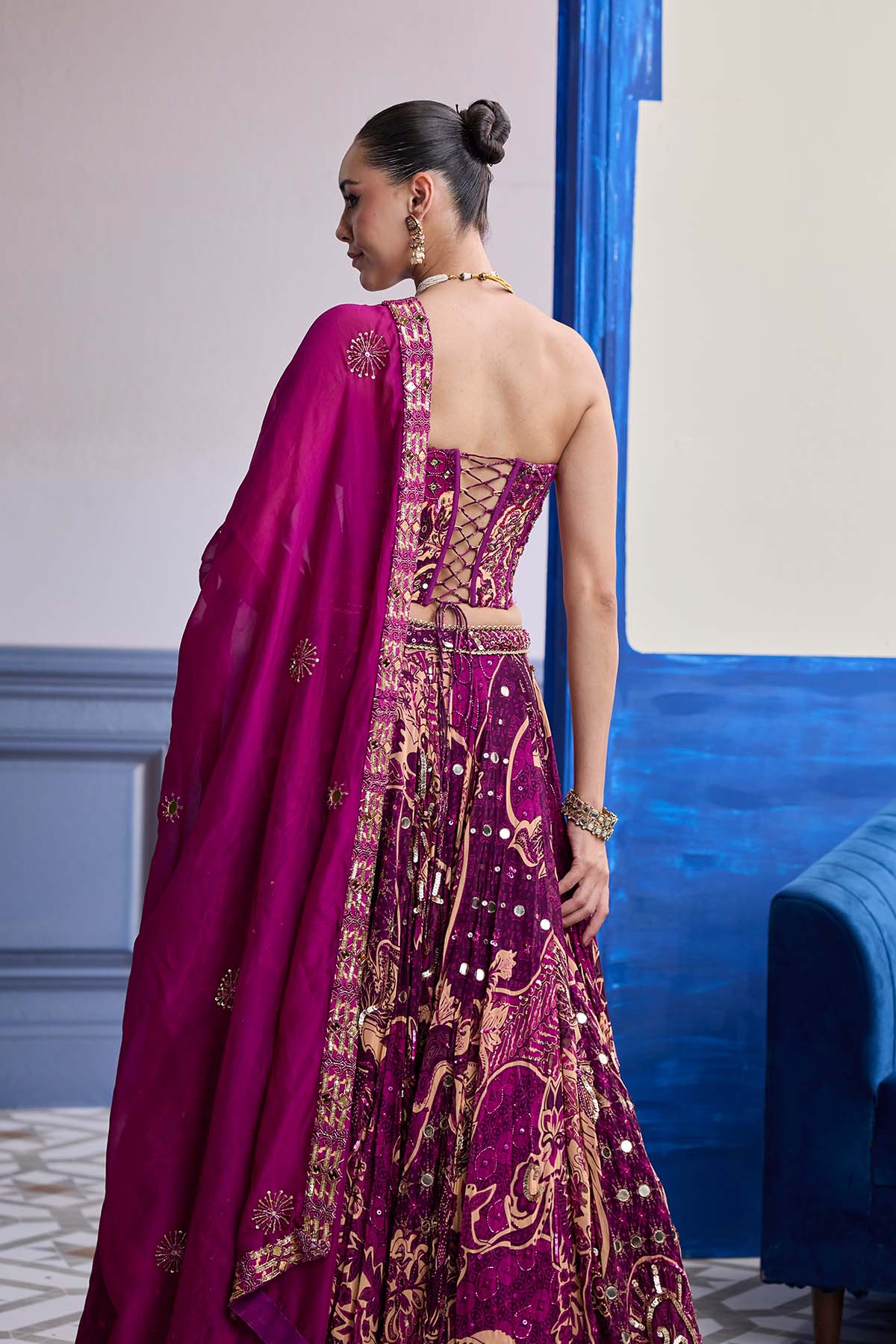Magenta Highlighted Corset With Lehenga & Embroidered Dupatta Set