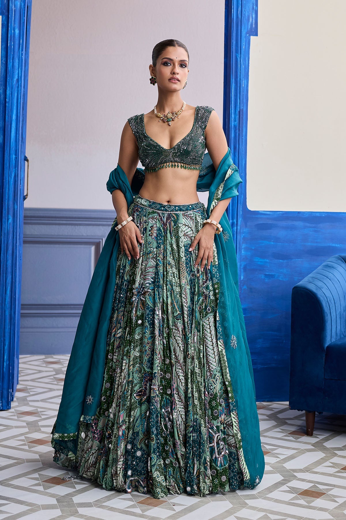Green Wave Embroidered Blouse With Print Highlights & Solid Dupatta Set