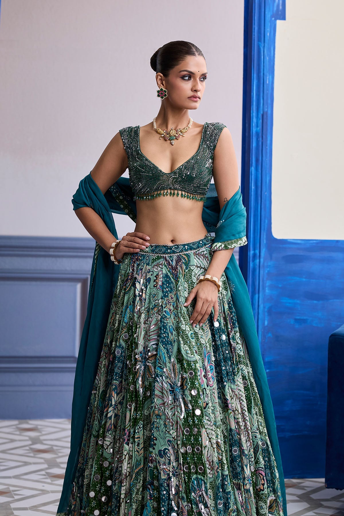 Green Wave Embroidered Blouse With Print Highlights & Solid Dupatta Set