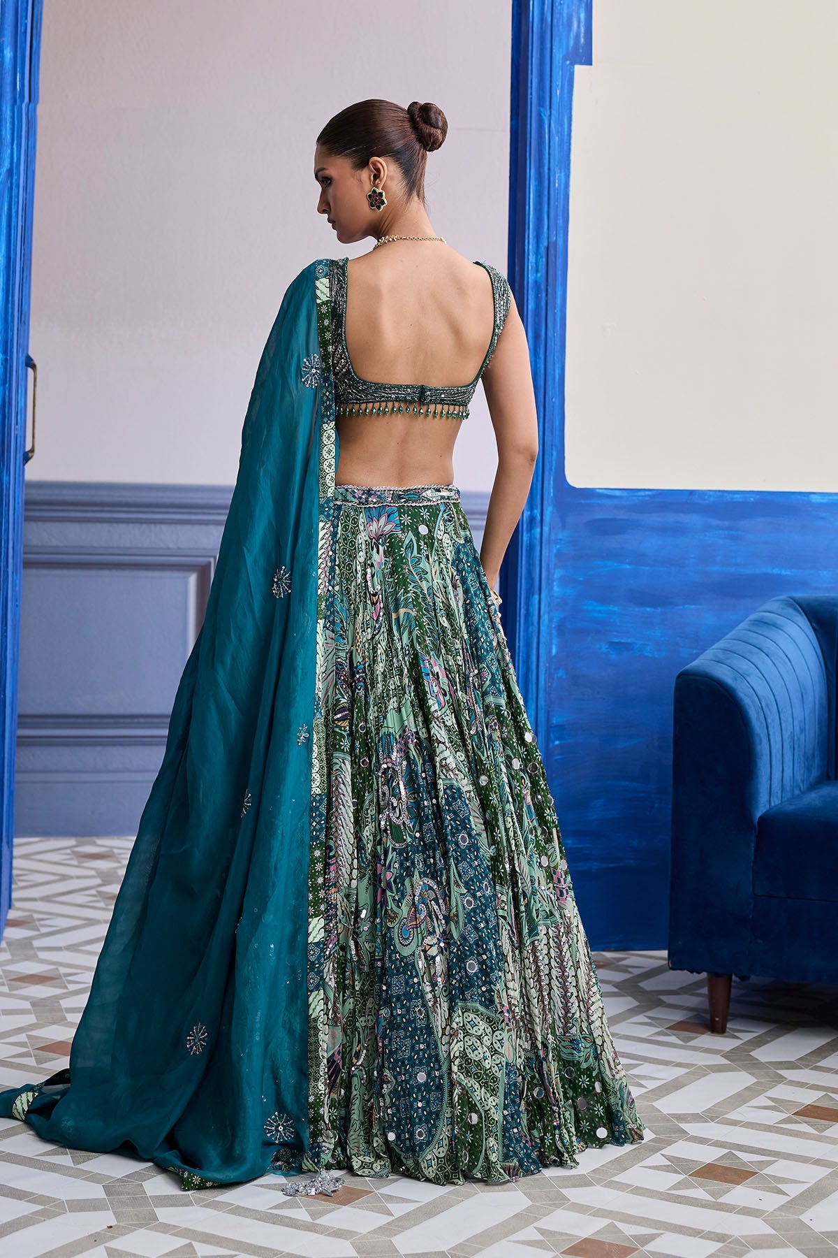 Green Wave Embroidered Blouse With Print Highlights & Solid Dupatta Set