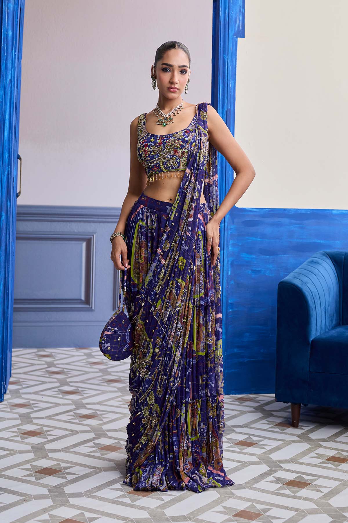 Violet Mosaic Blouse With Drape Tiered Skirt Saree Set