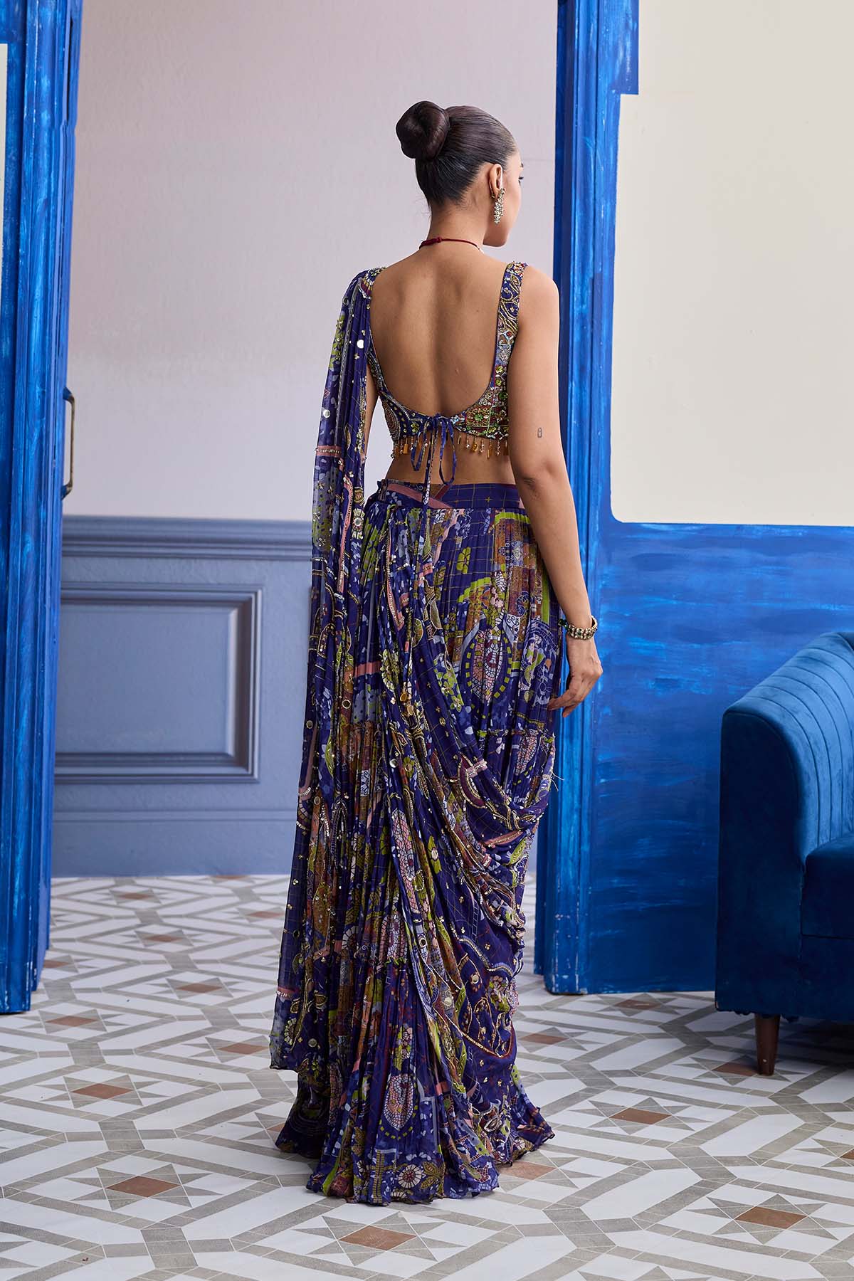 Violet Mosaic Blouse With Drape Tiered Skirt Saree Set