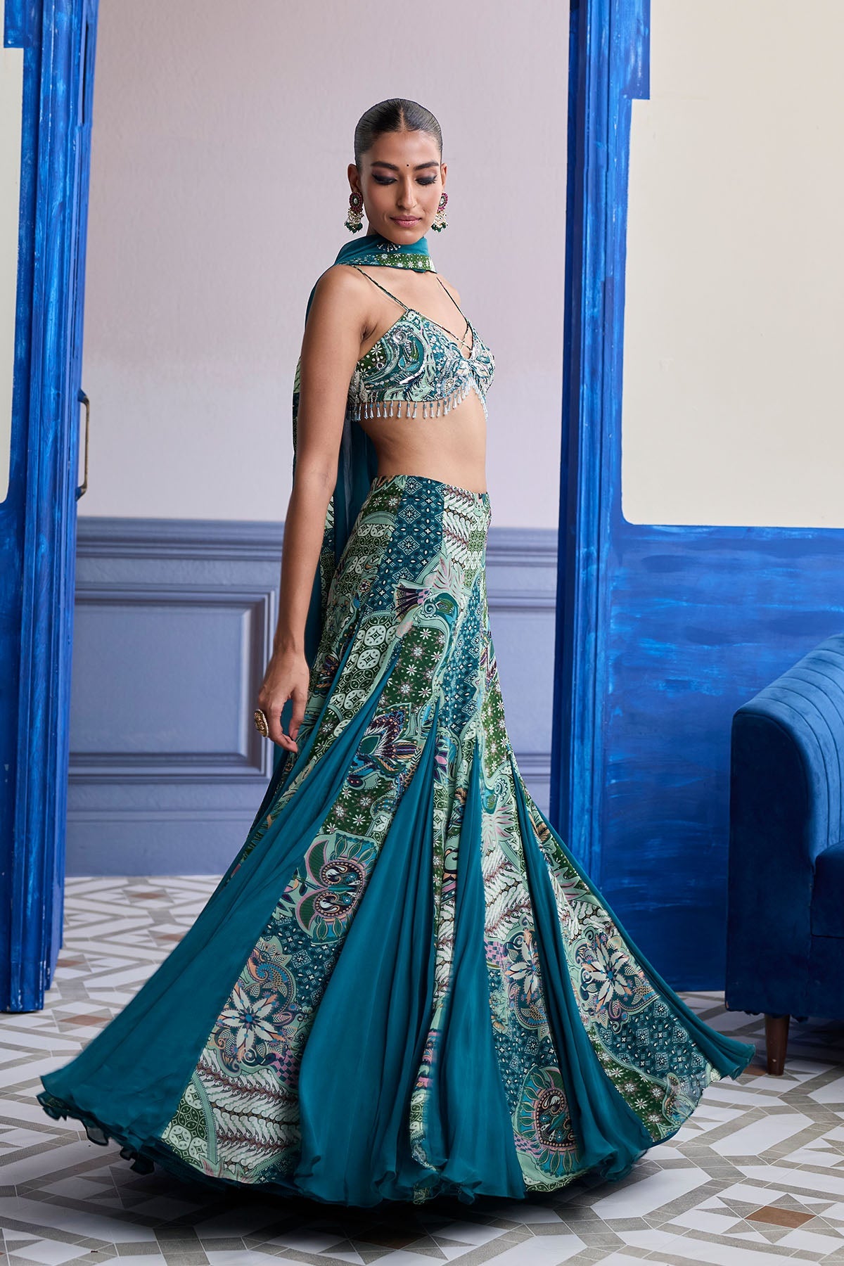 Green Floral Blouse With Godet Skirt & Embroidered Dupatta Set