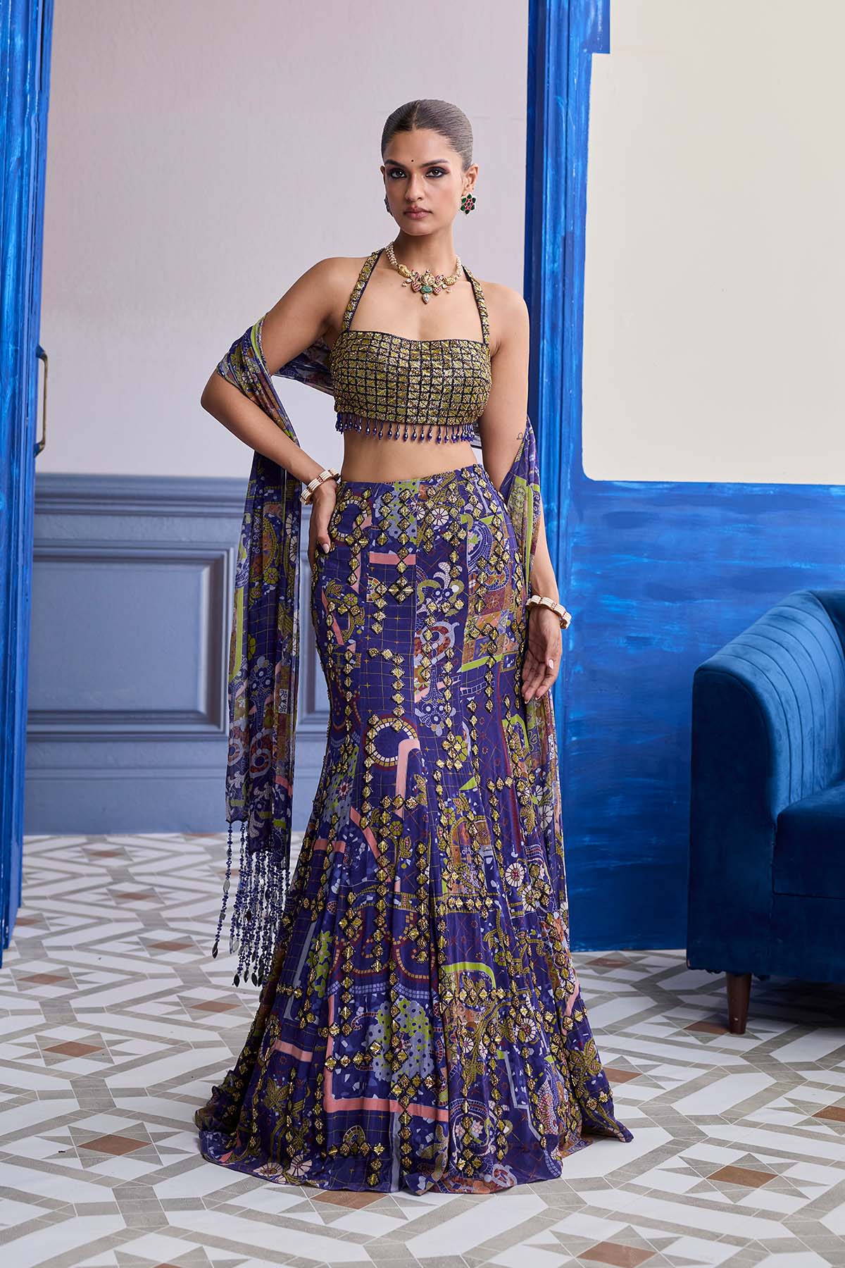 Neon Green Embroidered Blouse With Mermaid Skirt & Tassel Dupatta Set