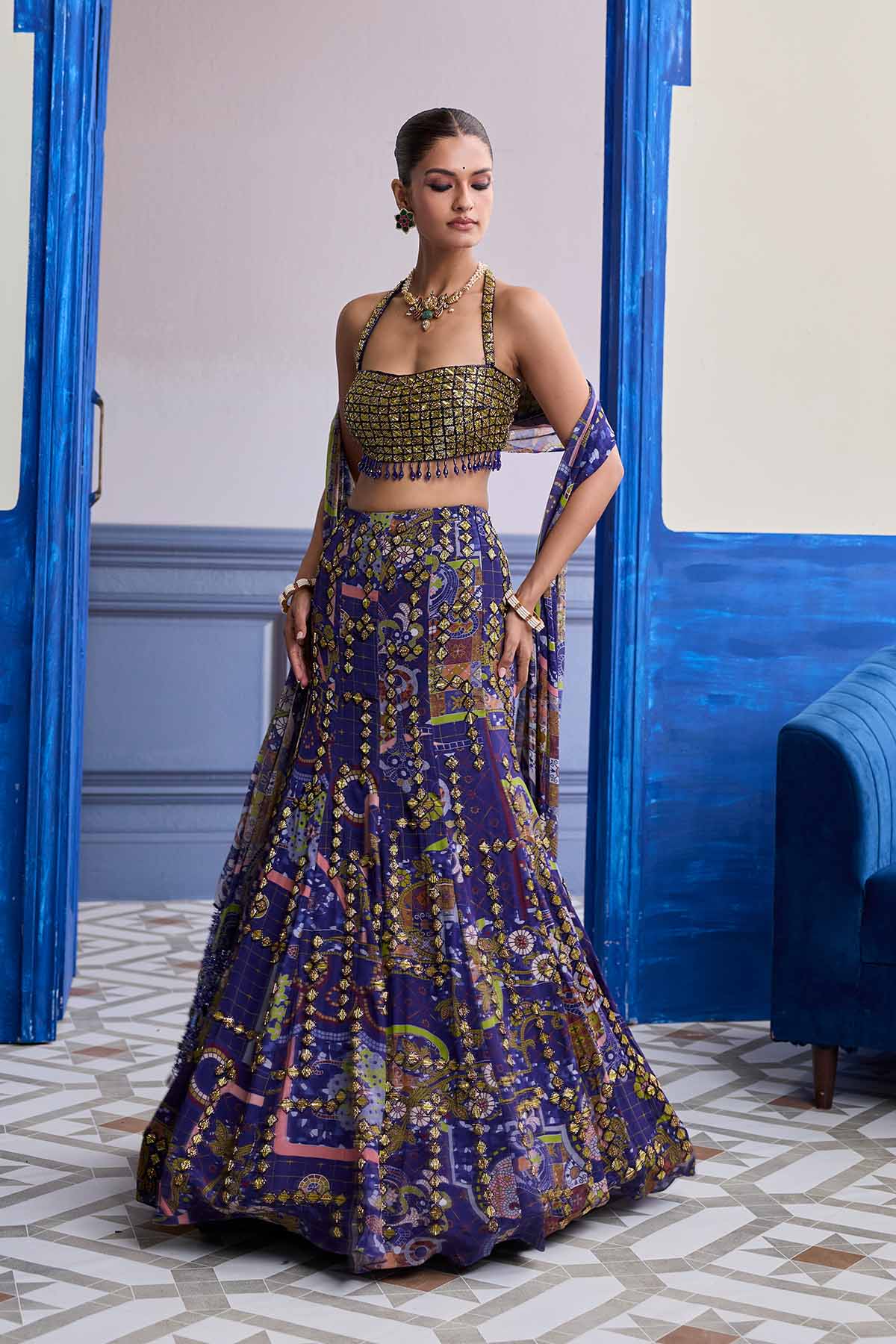 Neon Green Embroidered Blouse With Mermaid Skirt & Tassel Dupatta Set