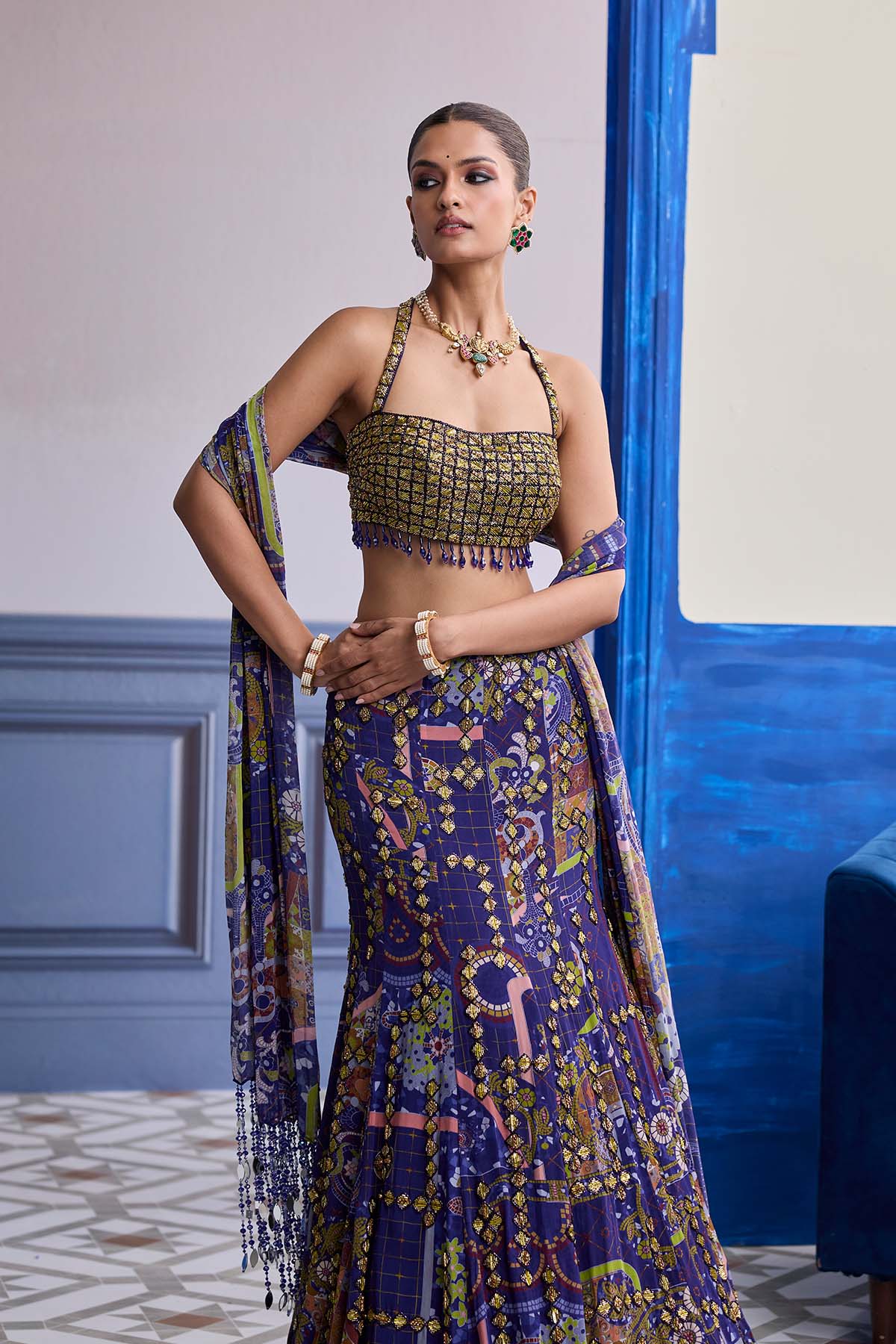 Neon Green Embroidered Blouse With Mermaid Skirt & Tassel Dupatta Set