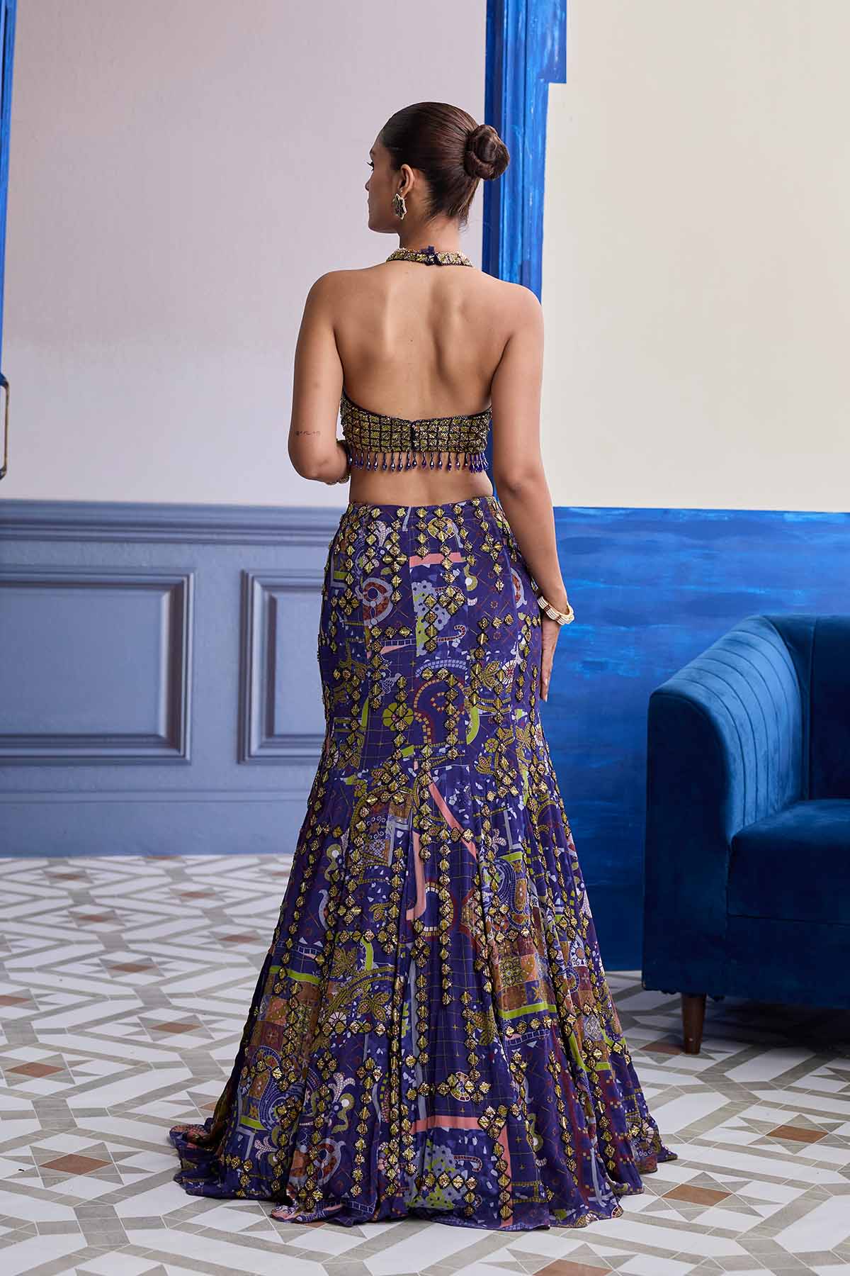Neon Green Embroidered Blouse With Mermaid Skirt & Tassel Dupatta Set