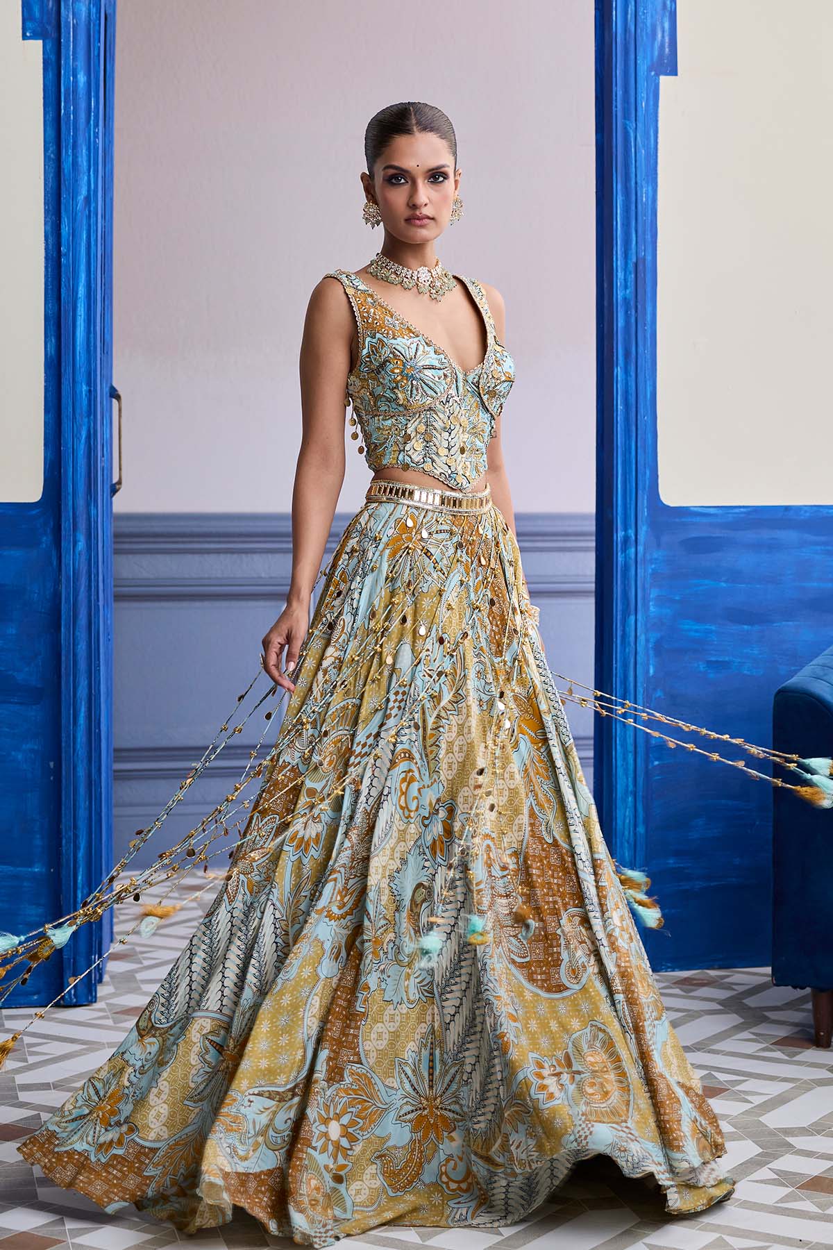 Yellow Floral Corset With Tassel Lehenga & Printed Dupatta Set