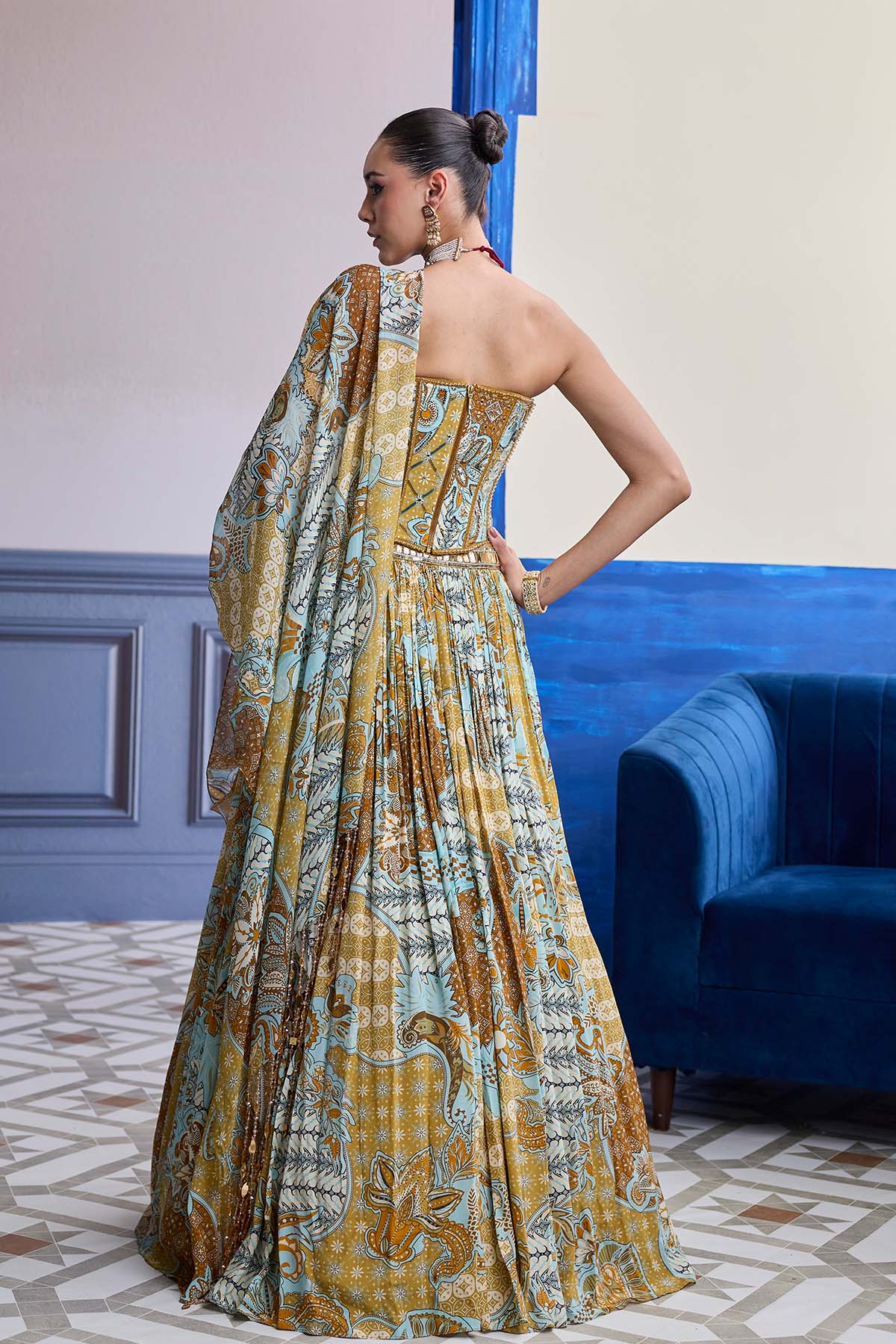 Yellow Floral Corset With Printed Lehenga & Tassel Dupatta Set