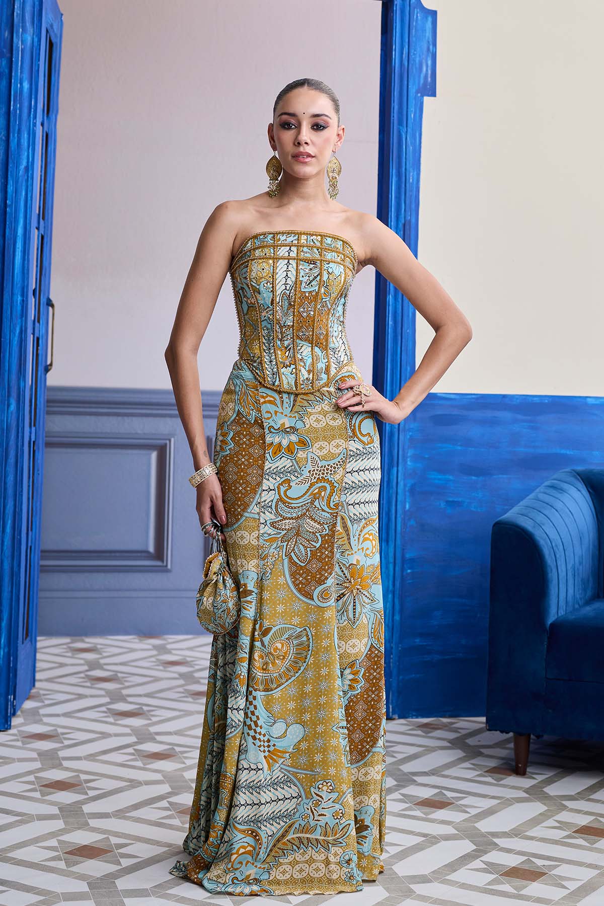Yellow Structured Corset With Beaded Mermaid Skirt Set
