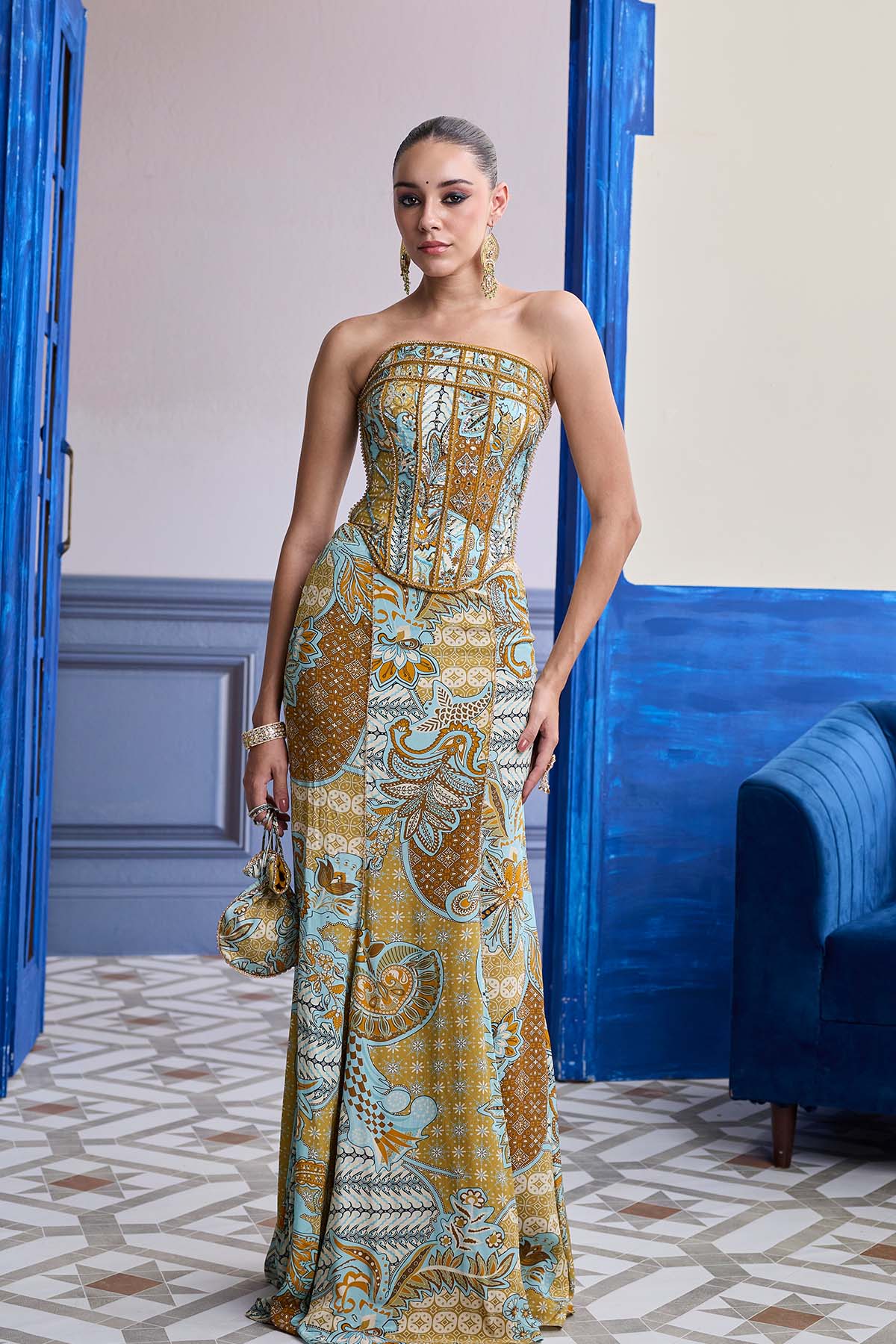 Yellow Structured Corset With Beaded Mermaid Skirt Set