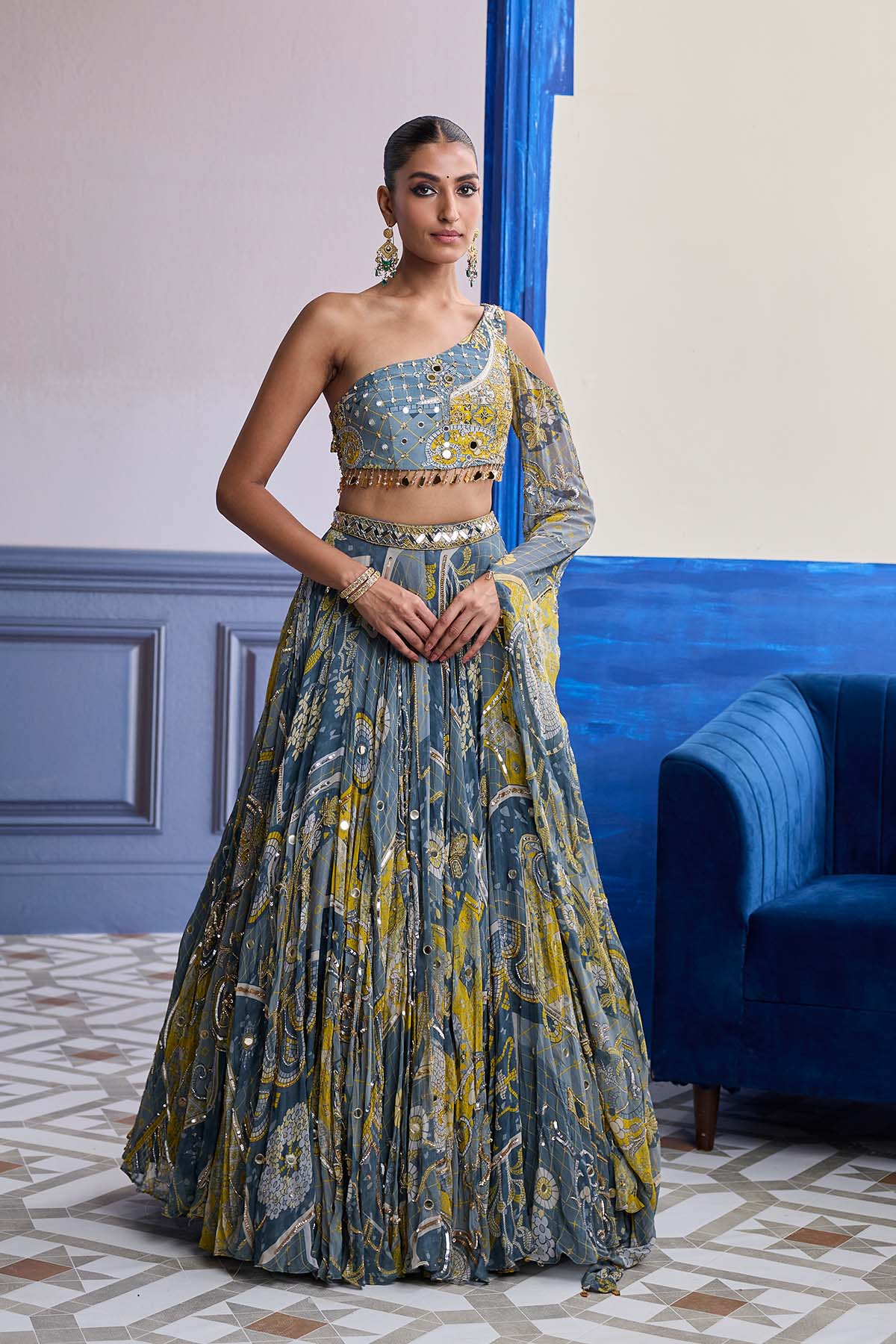 Grey Mosaic One-Shoulder Blouse With Flared Sleeves & Lehenga Set