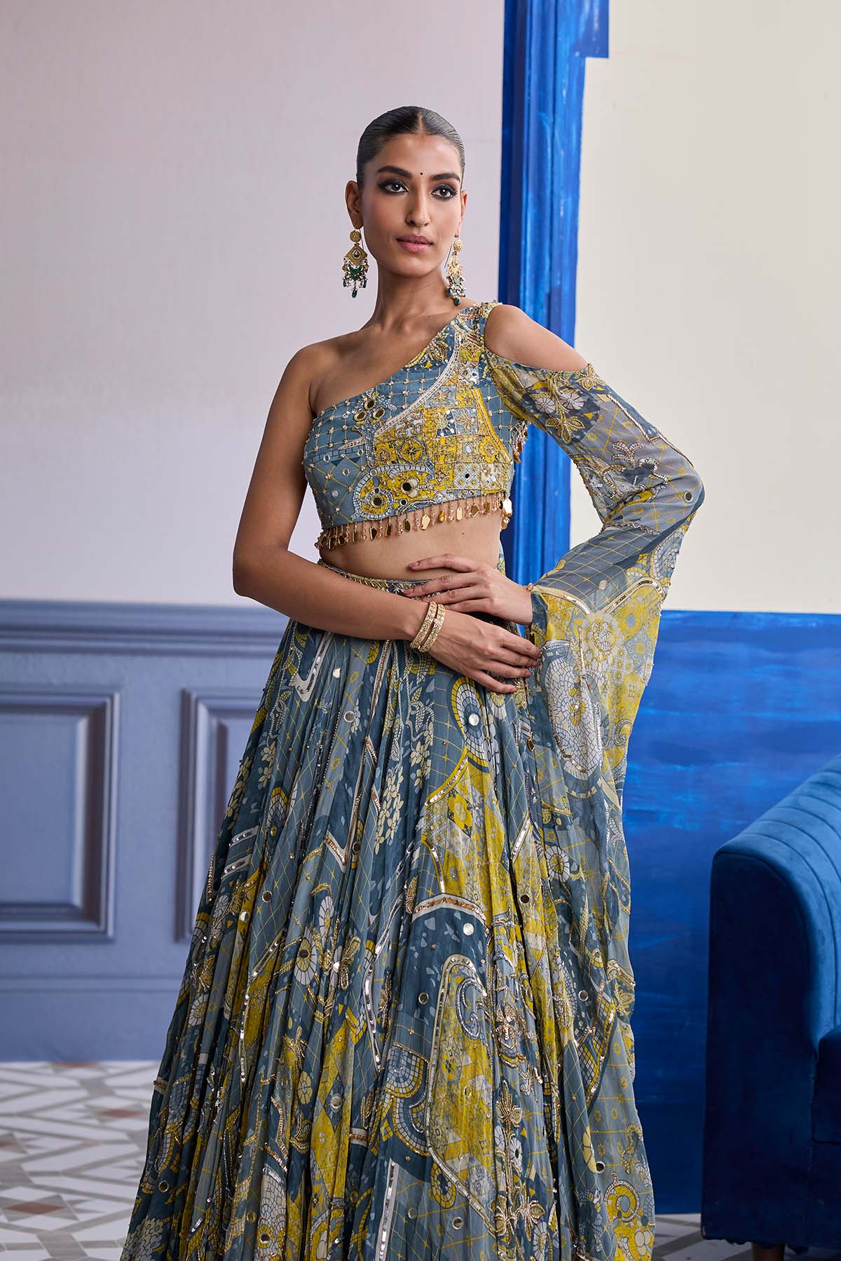 Grey Mosaic One-Shoulder Blouse With Flared Sleeves & Lehenga Set