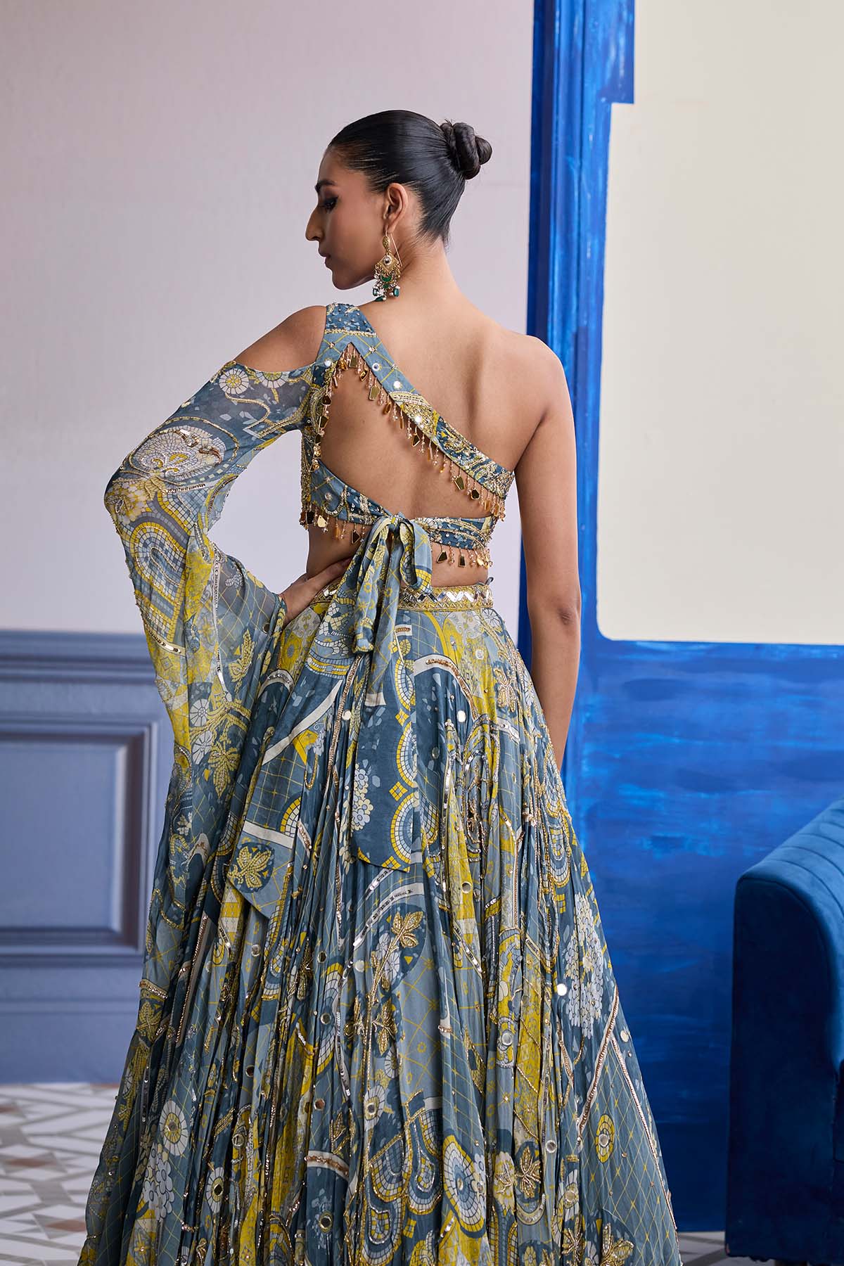 Grey Mosaic One-Shoulder Blouse With Flared Sleeves & Lehenga Set
