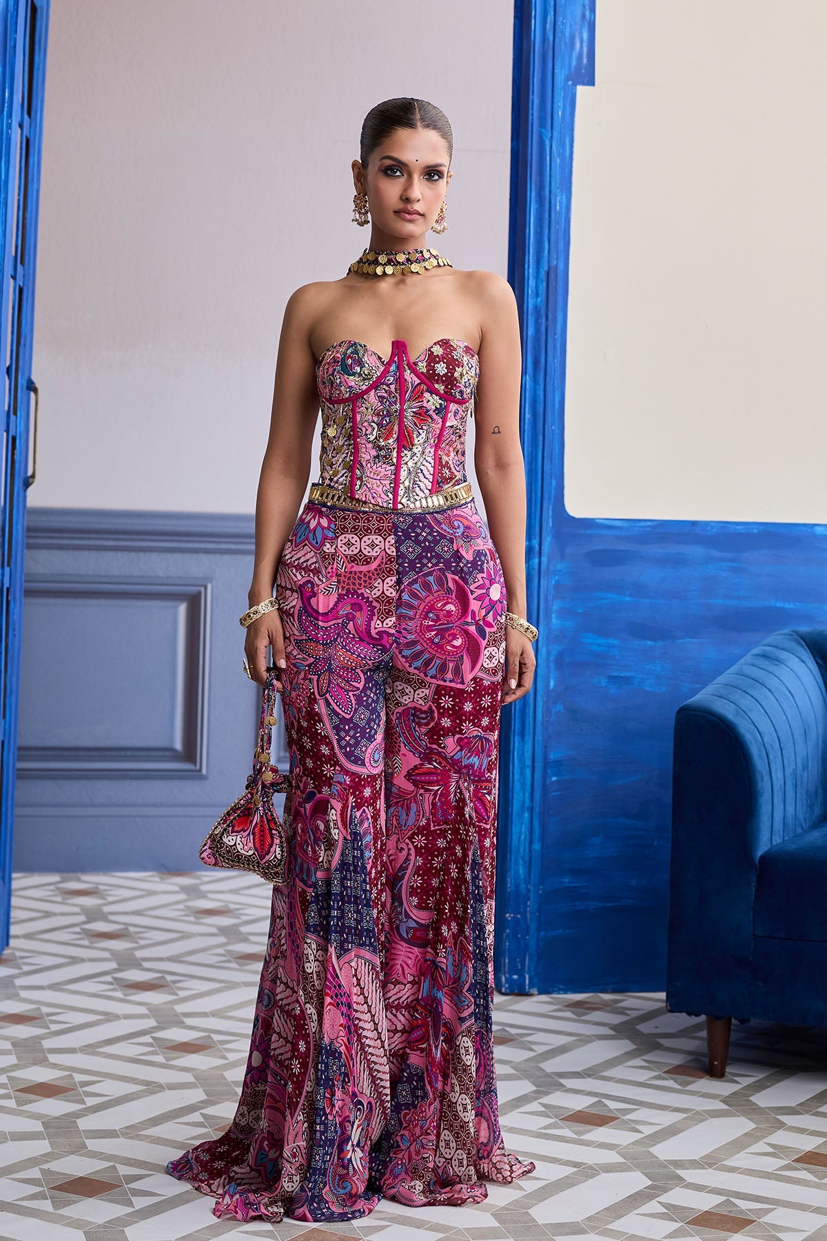 Fuchsia Floral Corset With Godet Pants & Choker Dupatta Set