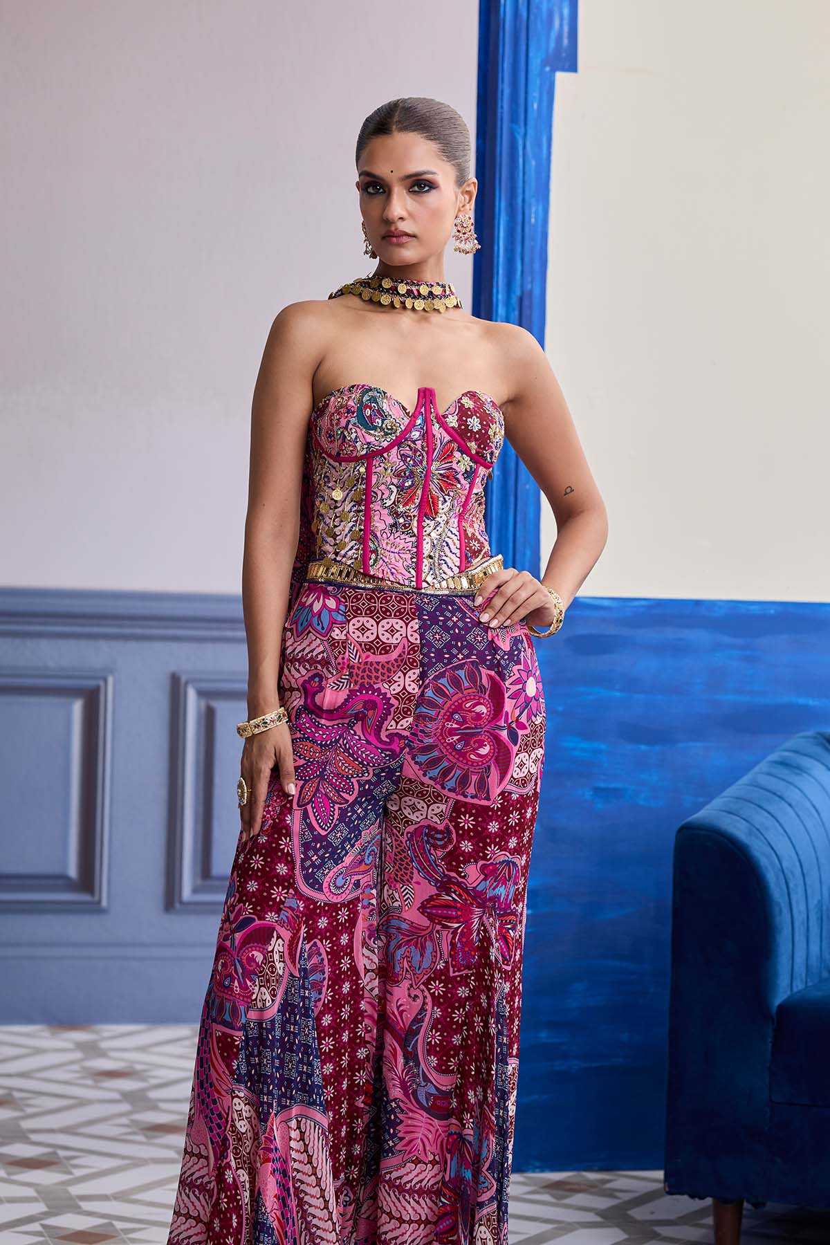 Fuchsia Floral Corset With Godet Pants & Choker Dupatta Set