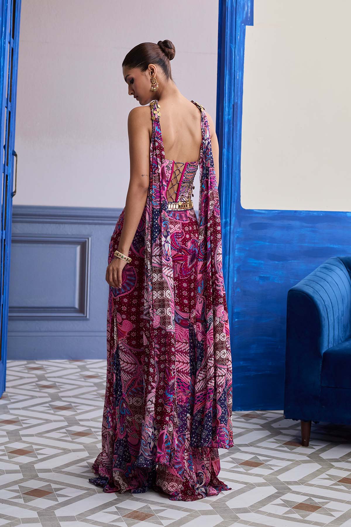 Fuchsia Floral Corset With Godet Pants & Choker Dupatta Set