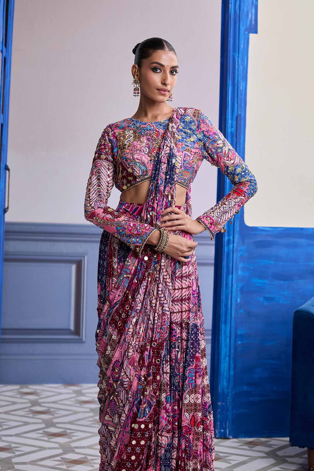Fuchsia Floral Blouse With Drape Tiered Saree Skirt Set