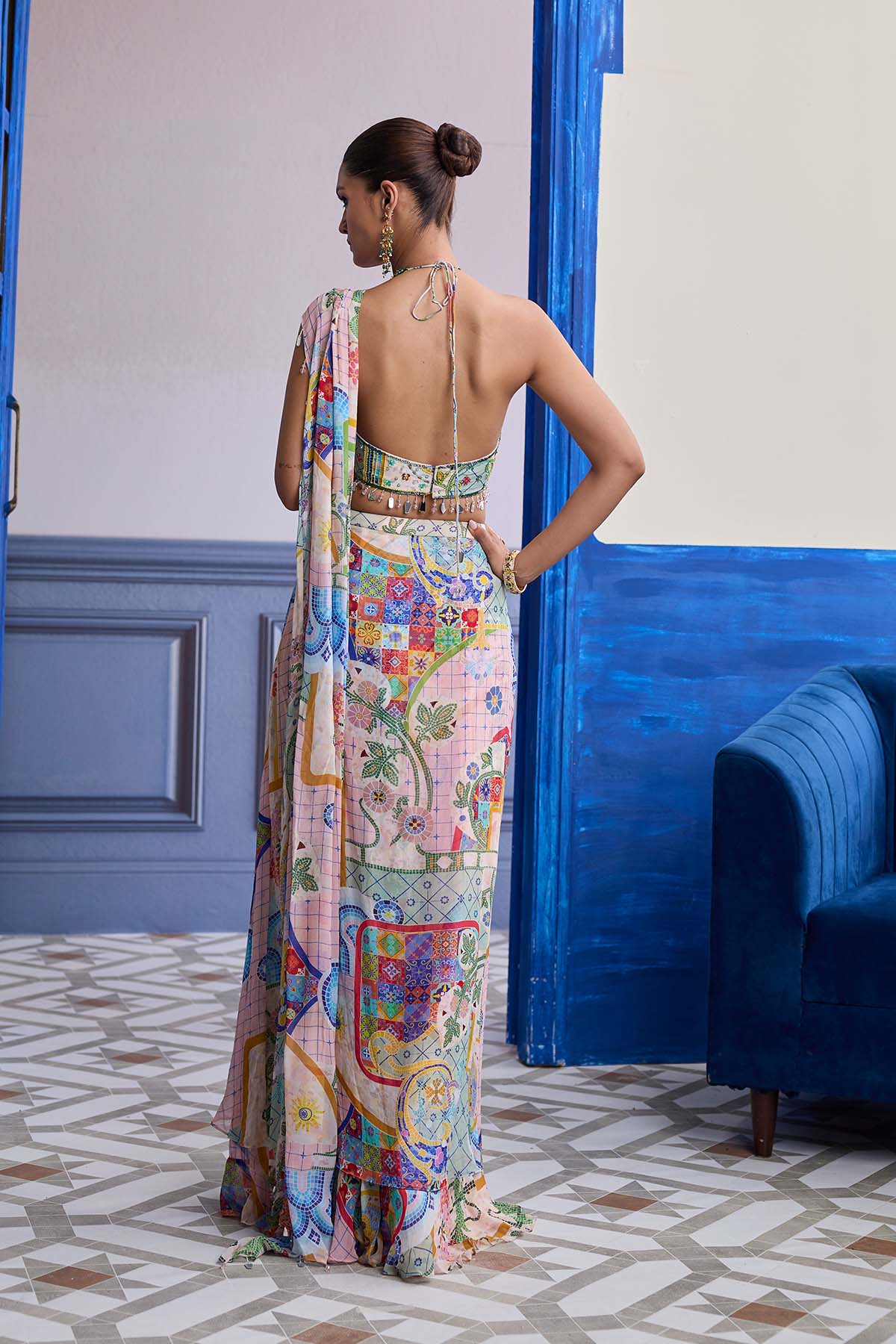 Blush Pink Mosaic Halter Blouse With Draped Cowl Skirt Saree Set