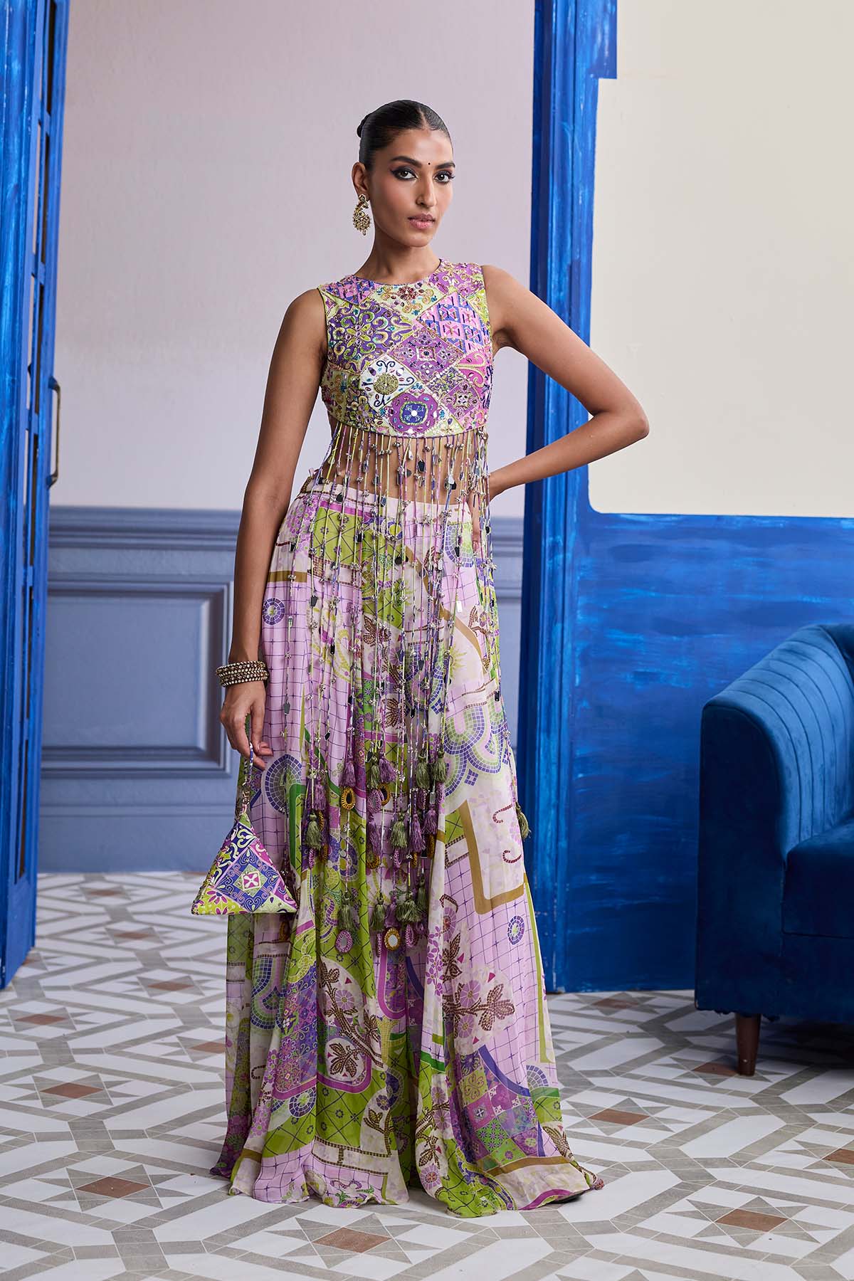 Bubblegum Mosaic Yoke Blouse With Long Tassels & Printed Sharara Set