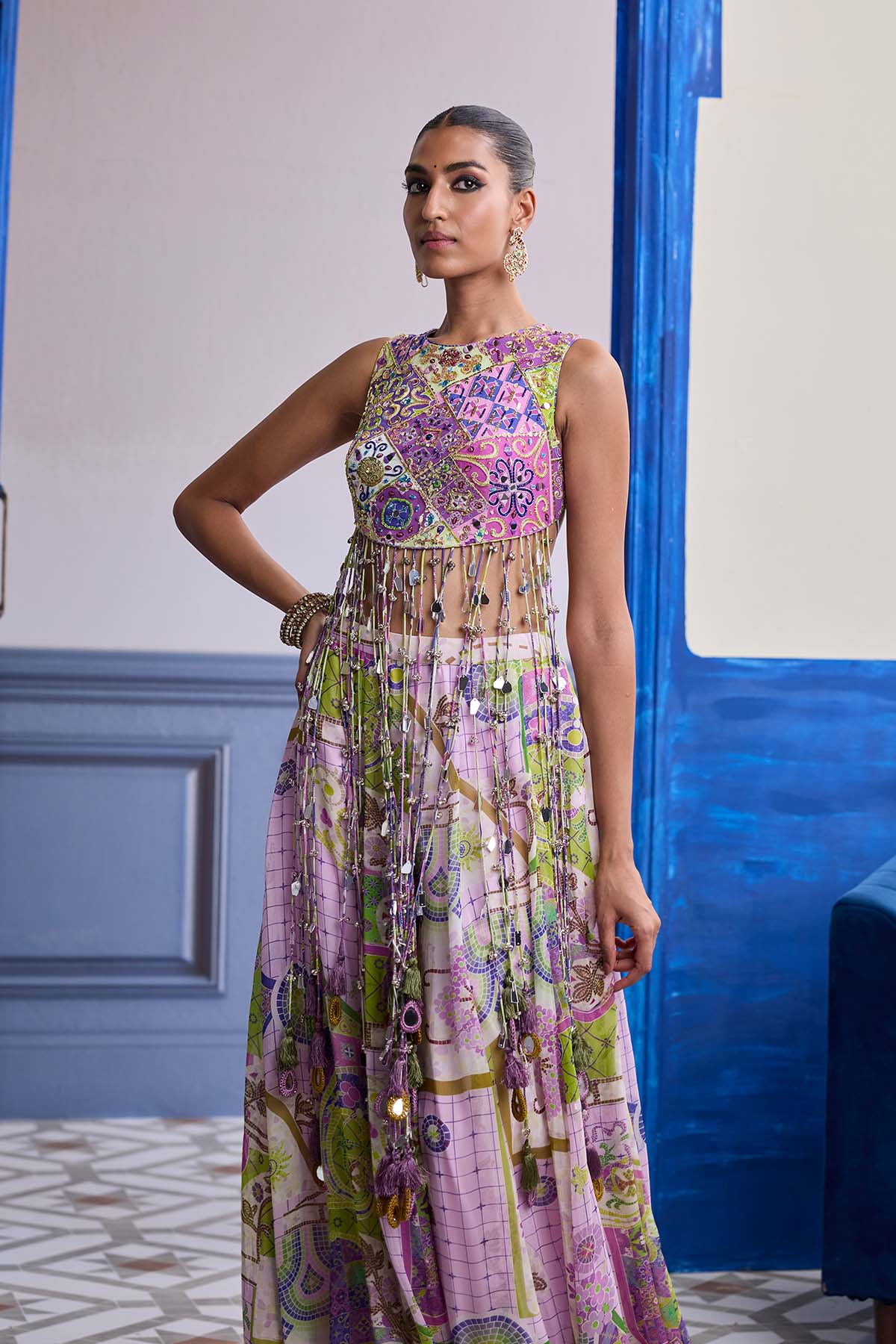 Bubblegum Mosaic Yoke Blouse With Long Tassels & Printed Sharara Set