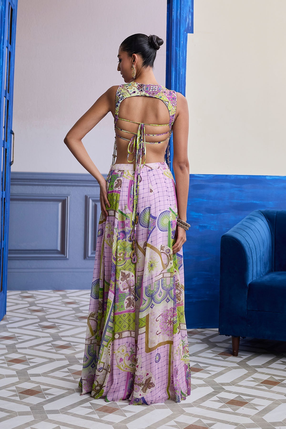 Bubblegum Mosaic Yoke Blouse With Long Tassels & Printed Sharara Set