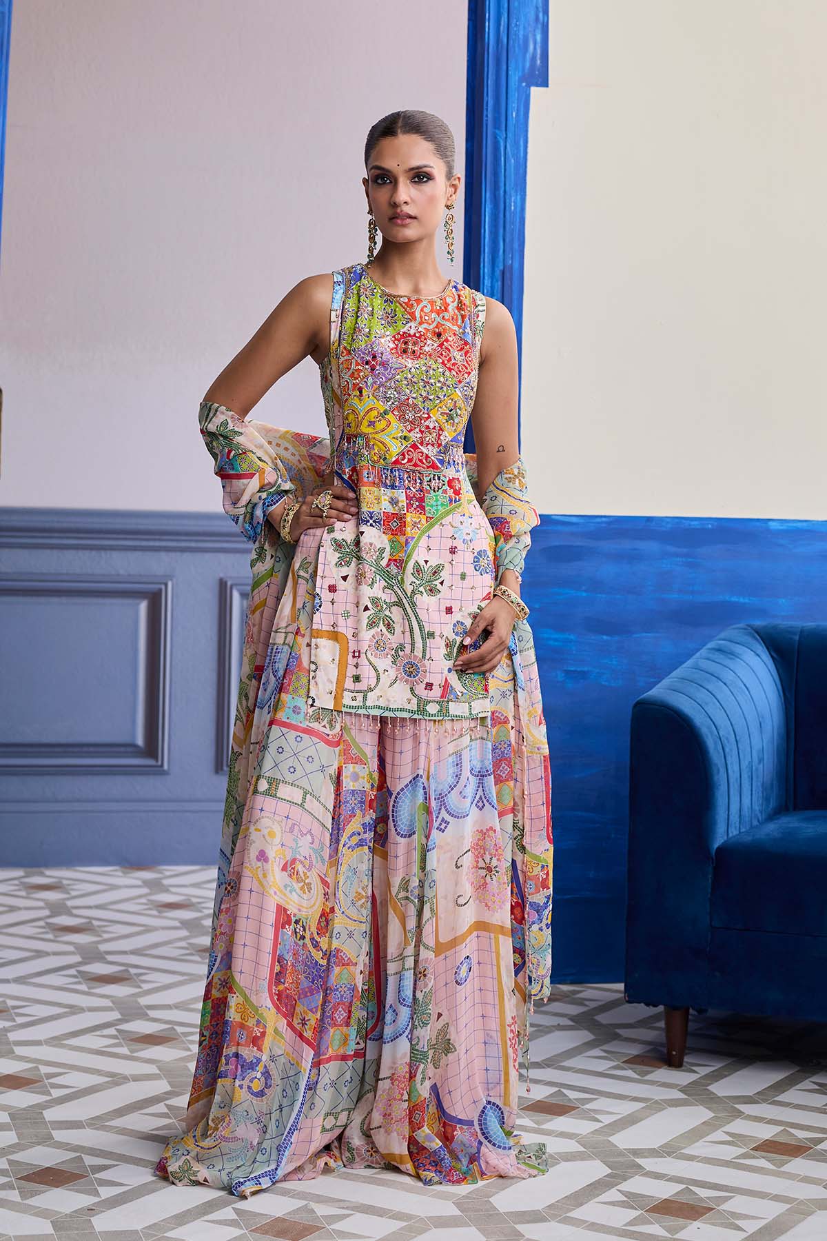 Blush Pink Mosaic Kurti With Flared Sharara & Dupatta Set