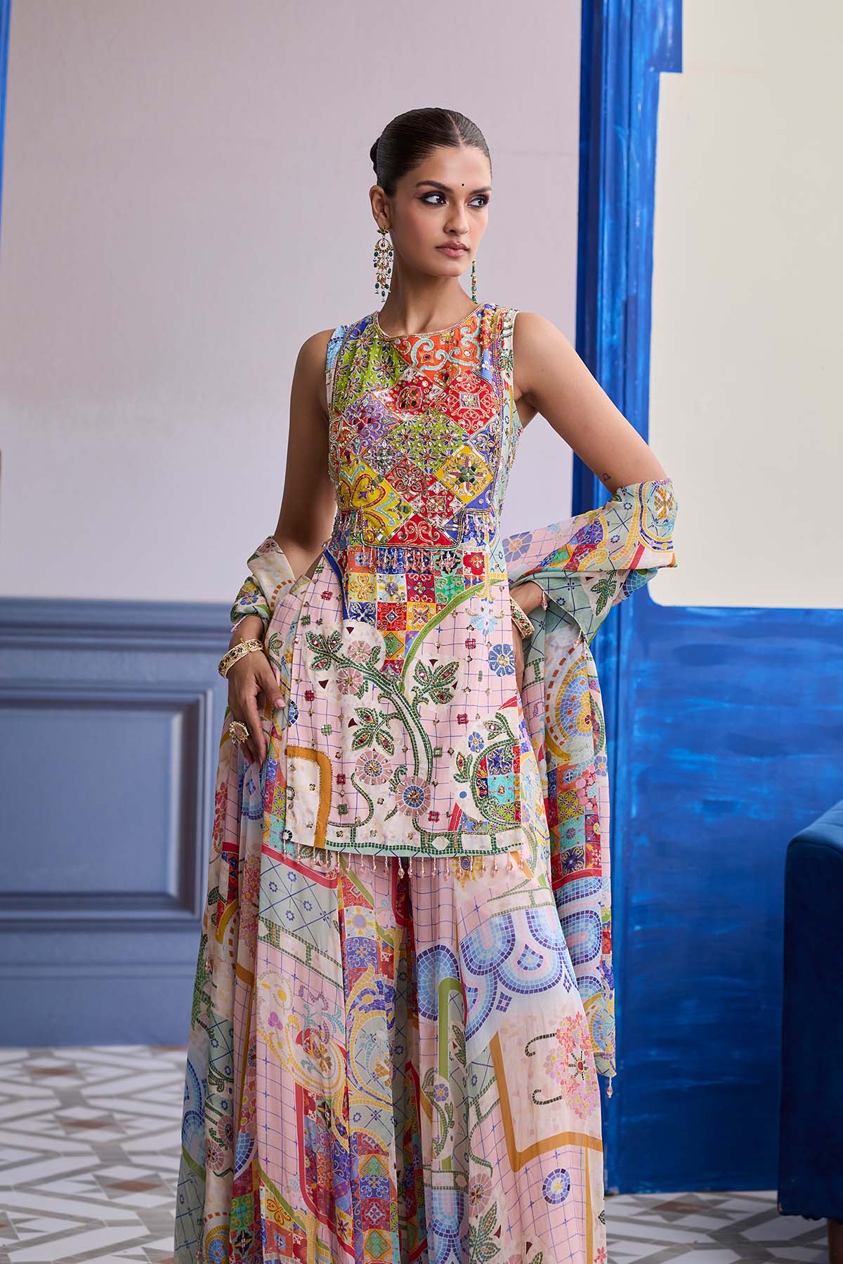 Blush Pink Mosaic Kurti With Flared Sharara & Dupatta Set