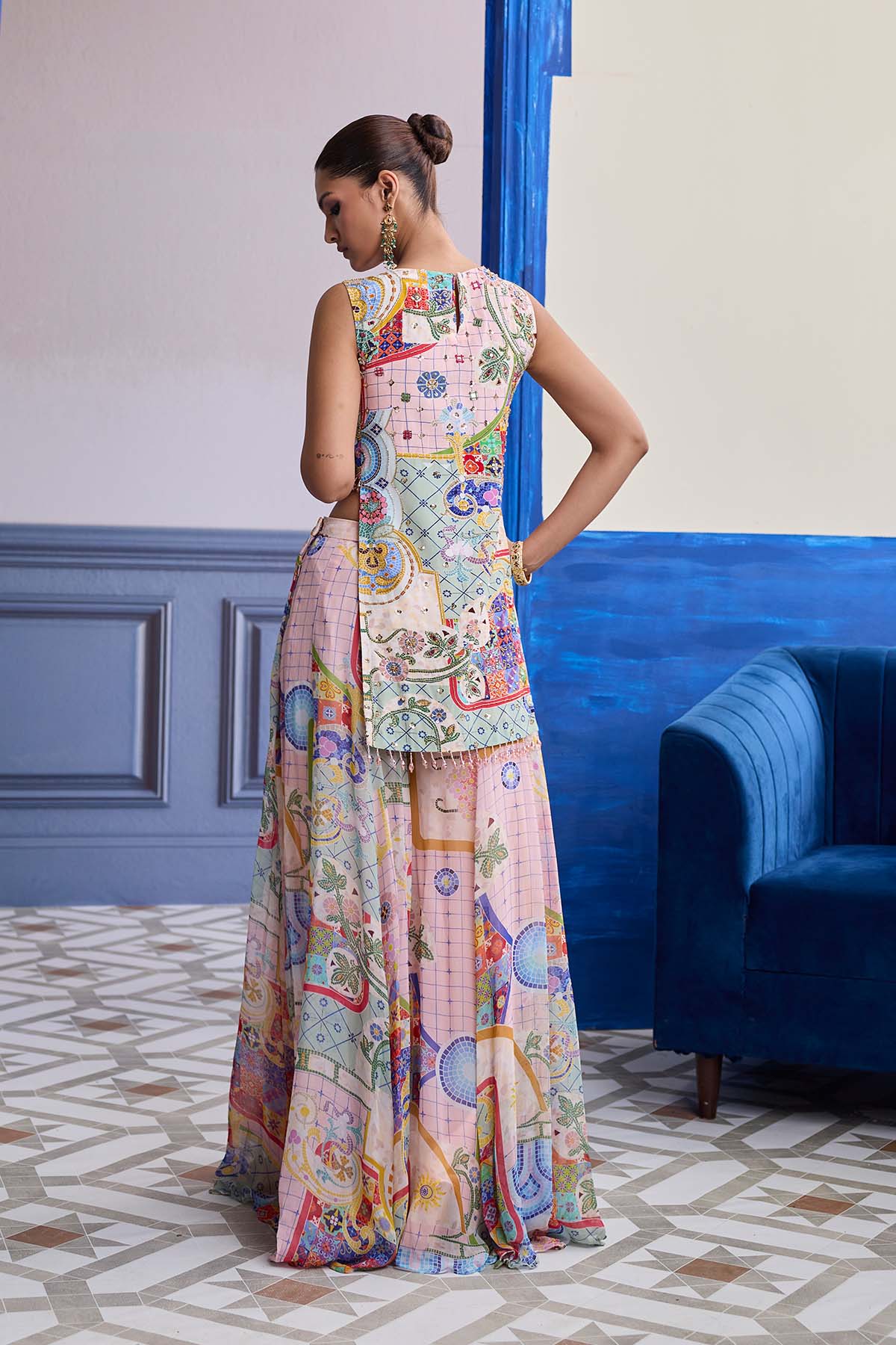 Blush Pink Mosaic Kurti With Flared Sharara & Dupatta Set