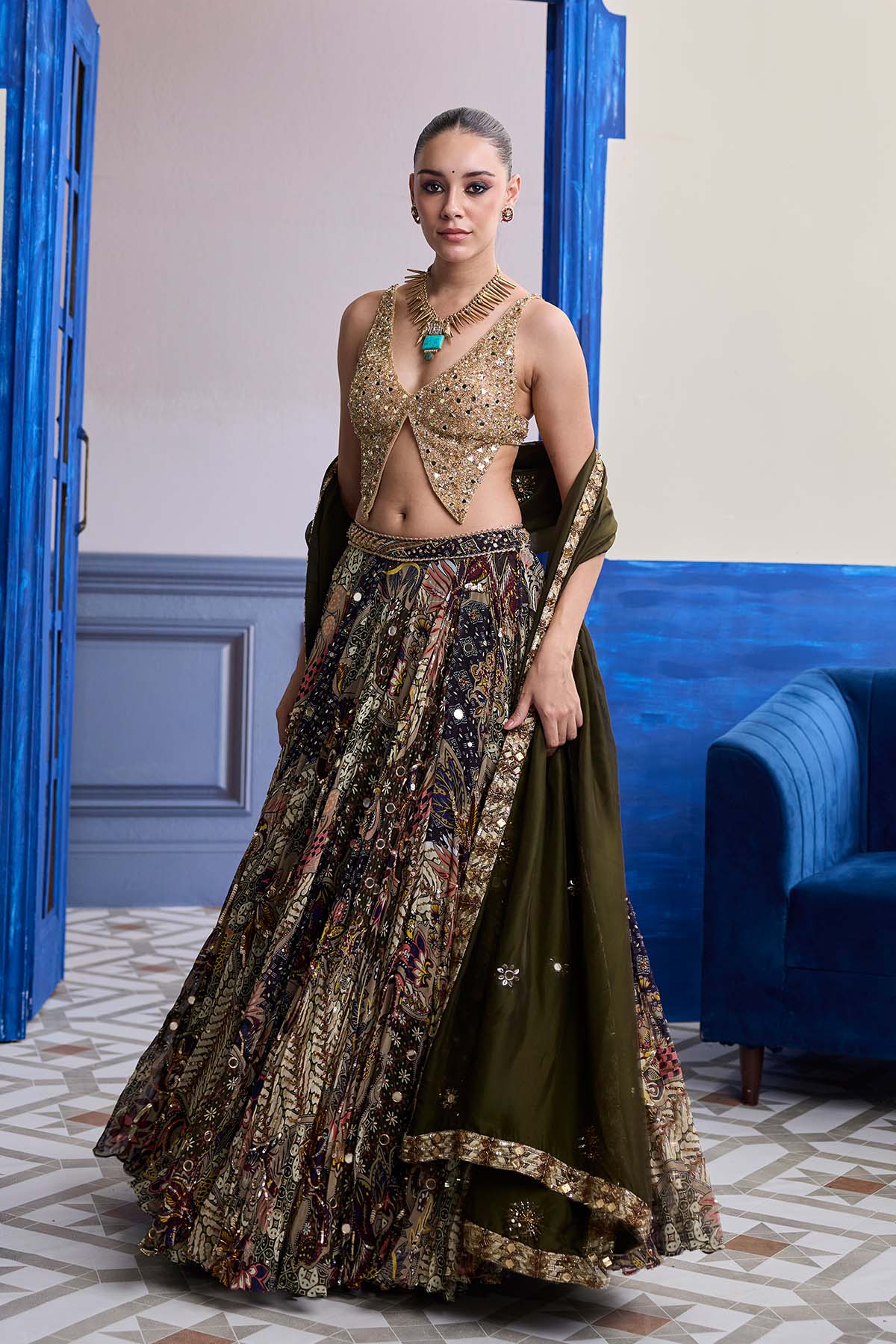 Gold Embroidered Blouse With Highlighted Lehenga & Embroidered Dupatta Set