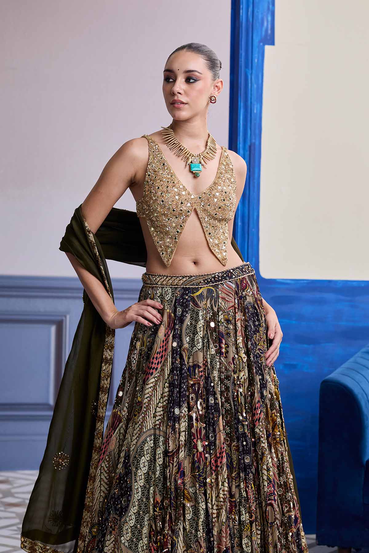 Gold Embroidered Blouse With Highlighted Lehenga & Embroidered Dupatta Set