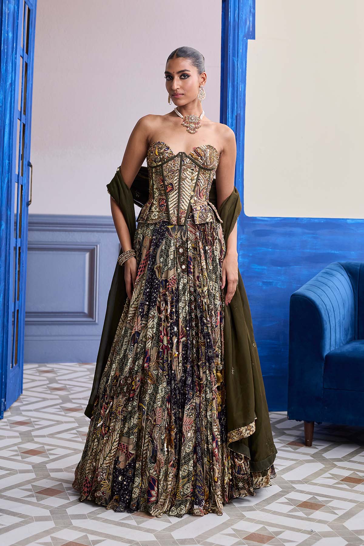 Olive Print Corset With Highlighted Lehenga & Embroidered Dupatta Set