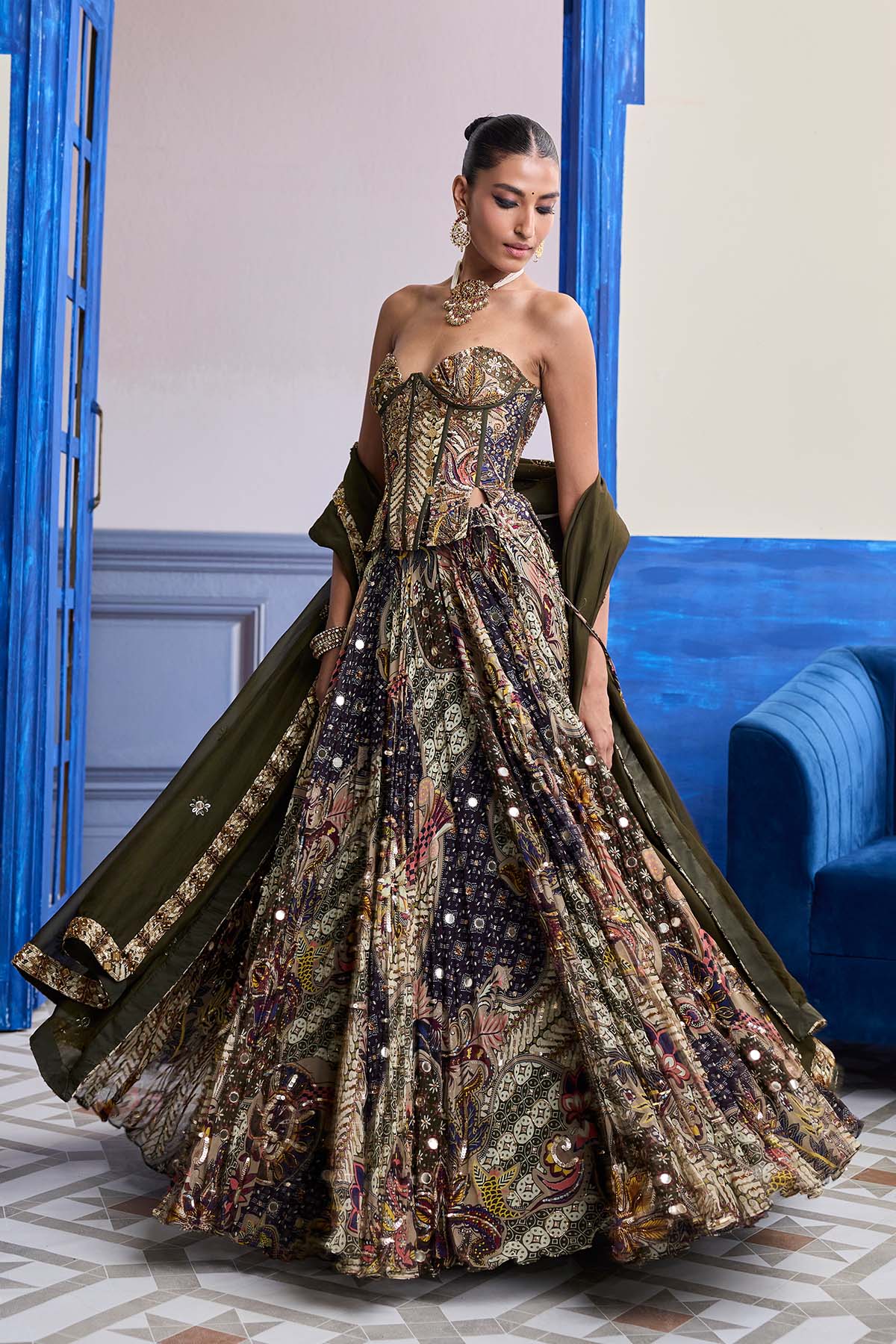 Olive Print Corset With Highlighted Lehenga & Embroidered Dupatta Set
