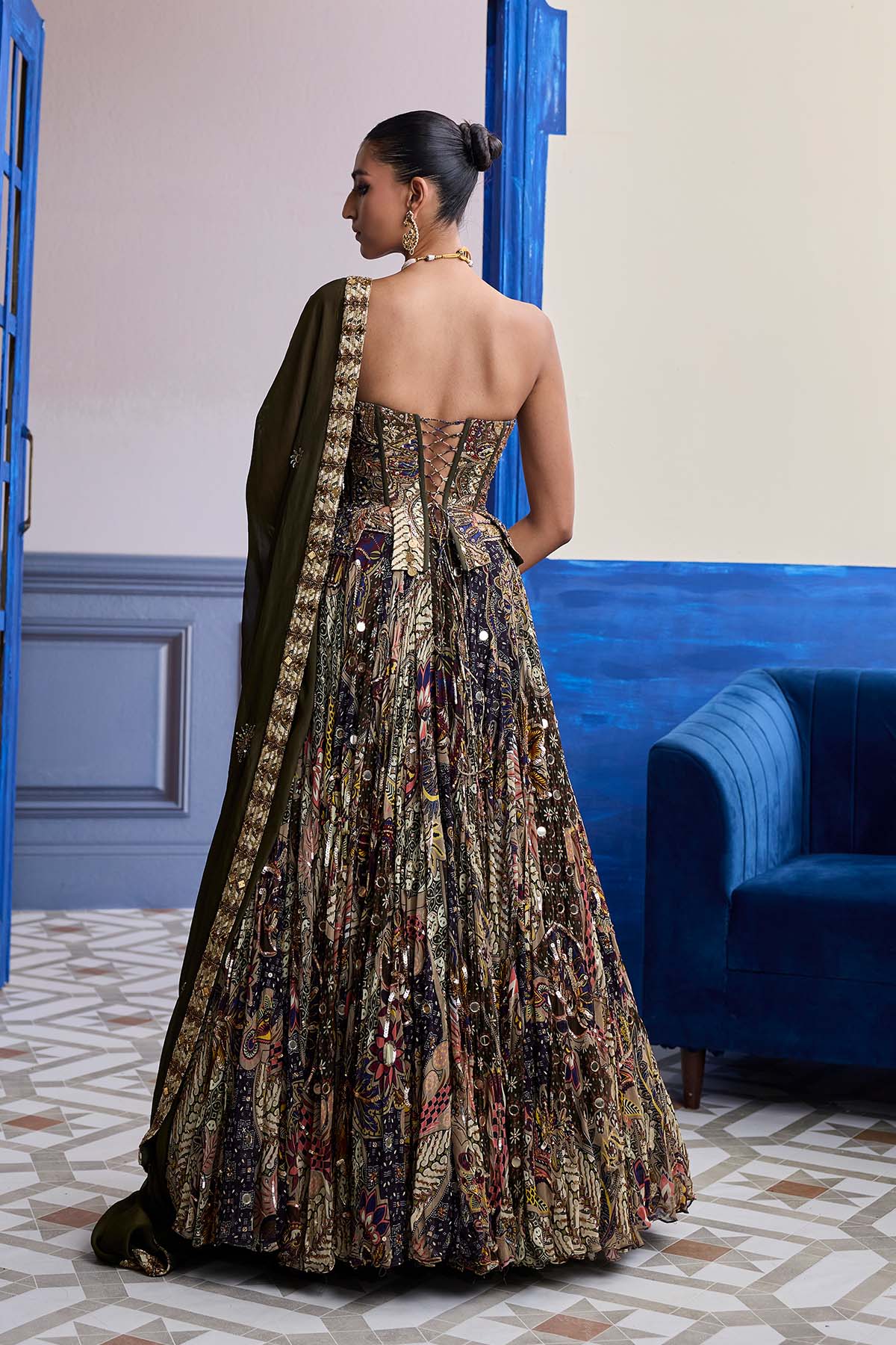 Olive Print Corset With Highlighted Lehenga & Embroidered Dupatta Set