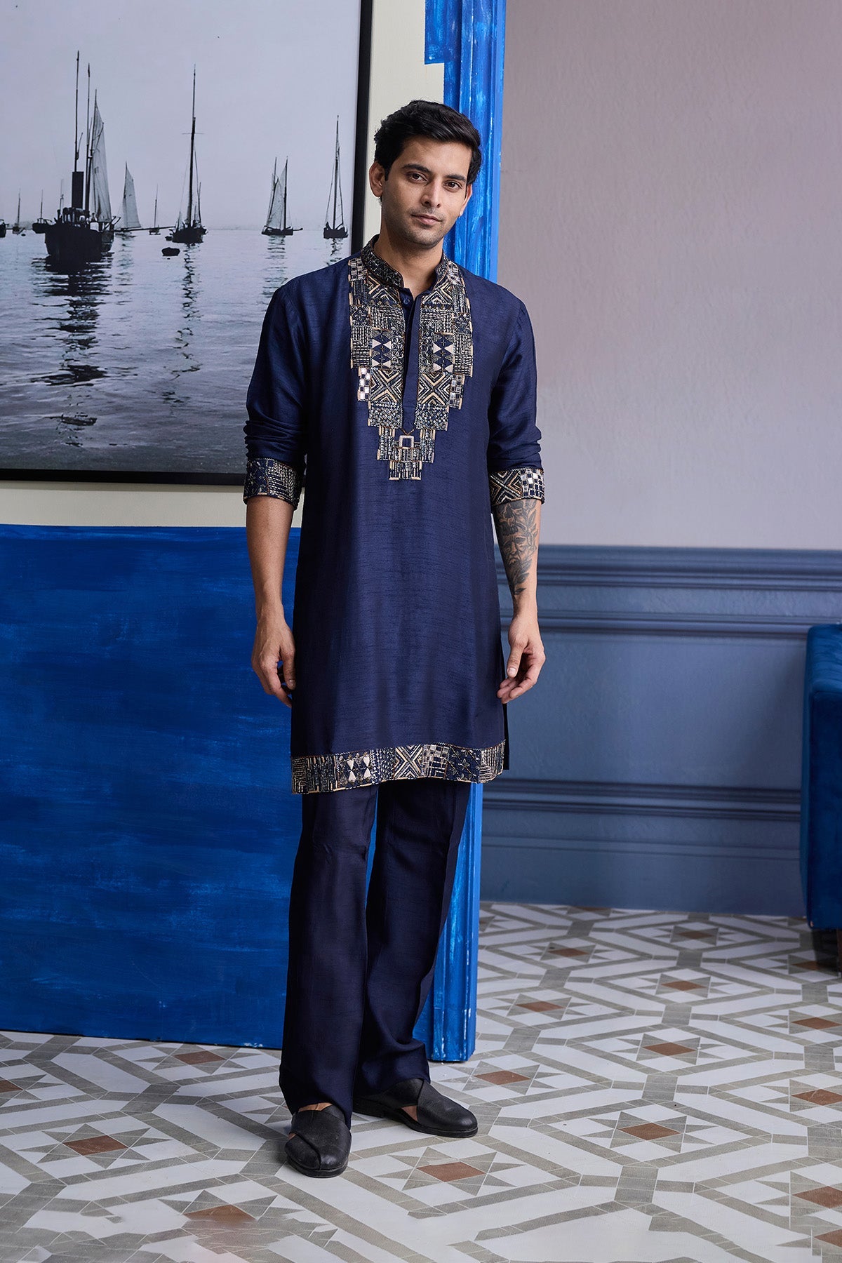 Dark Blue Geometric Emboidered Kurta With Solid Pants