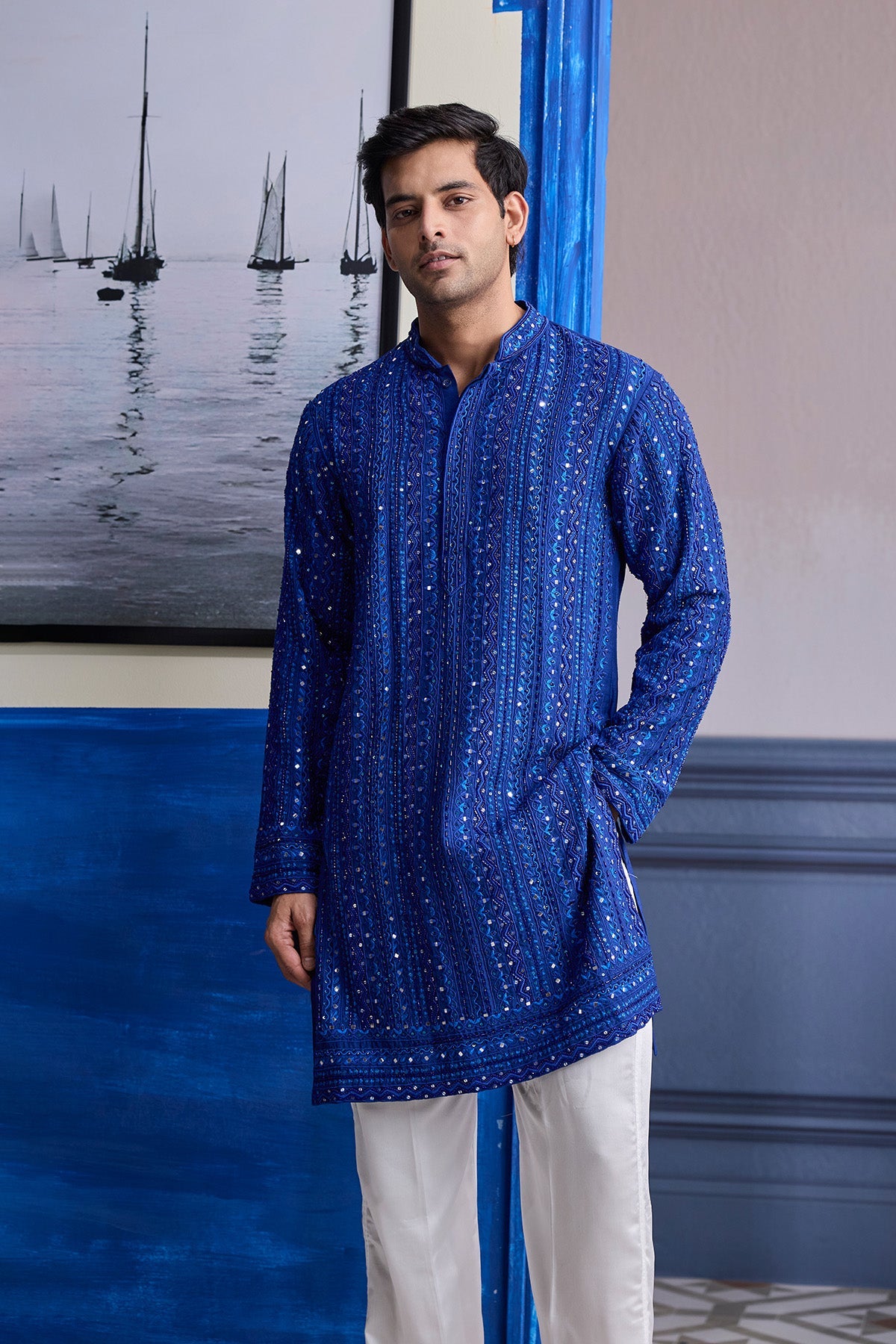Electric Blue Mirror Embroidery & Thread Work  Kurta With Pants