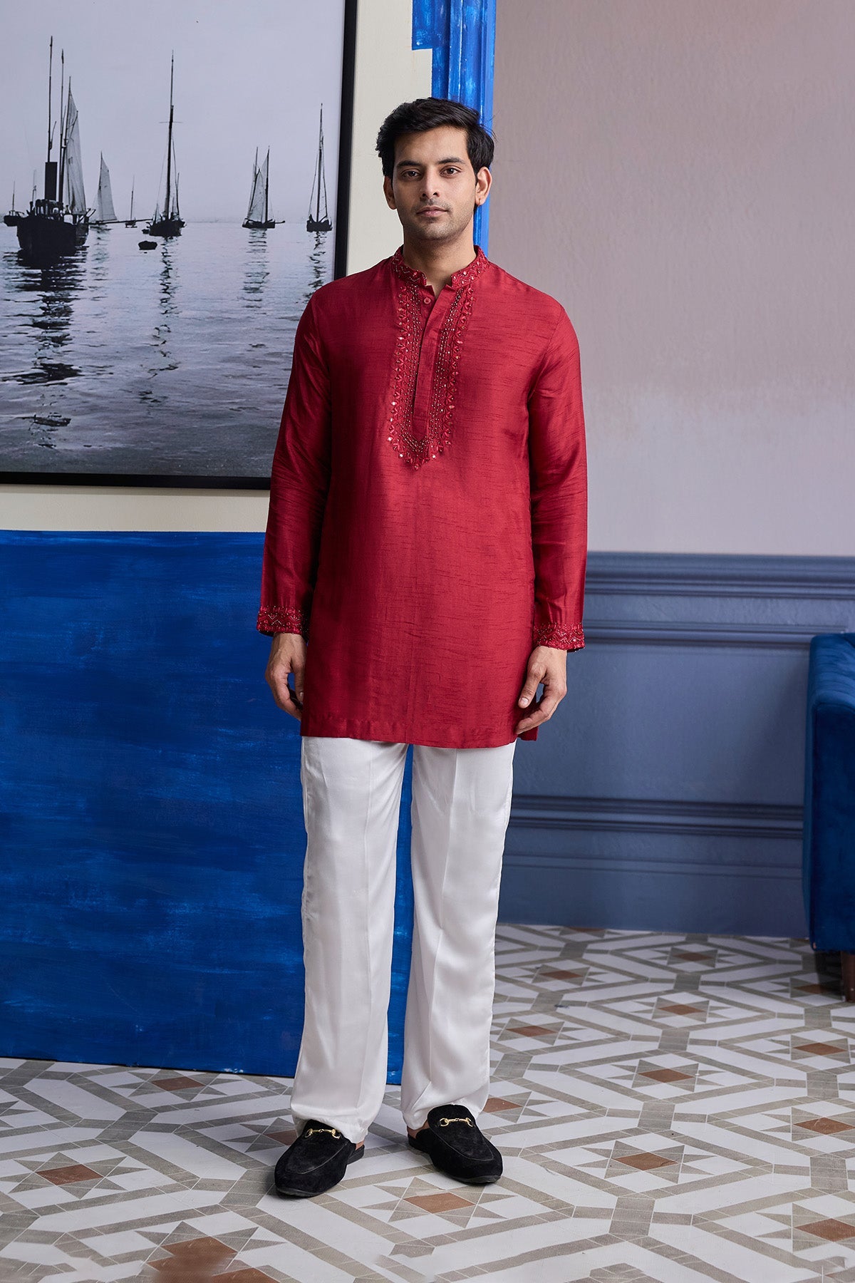 Maroon Mirror Embroidered & Thread Work Kurta With Pants