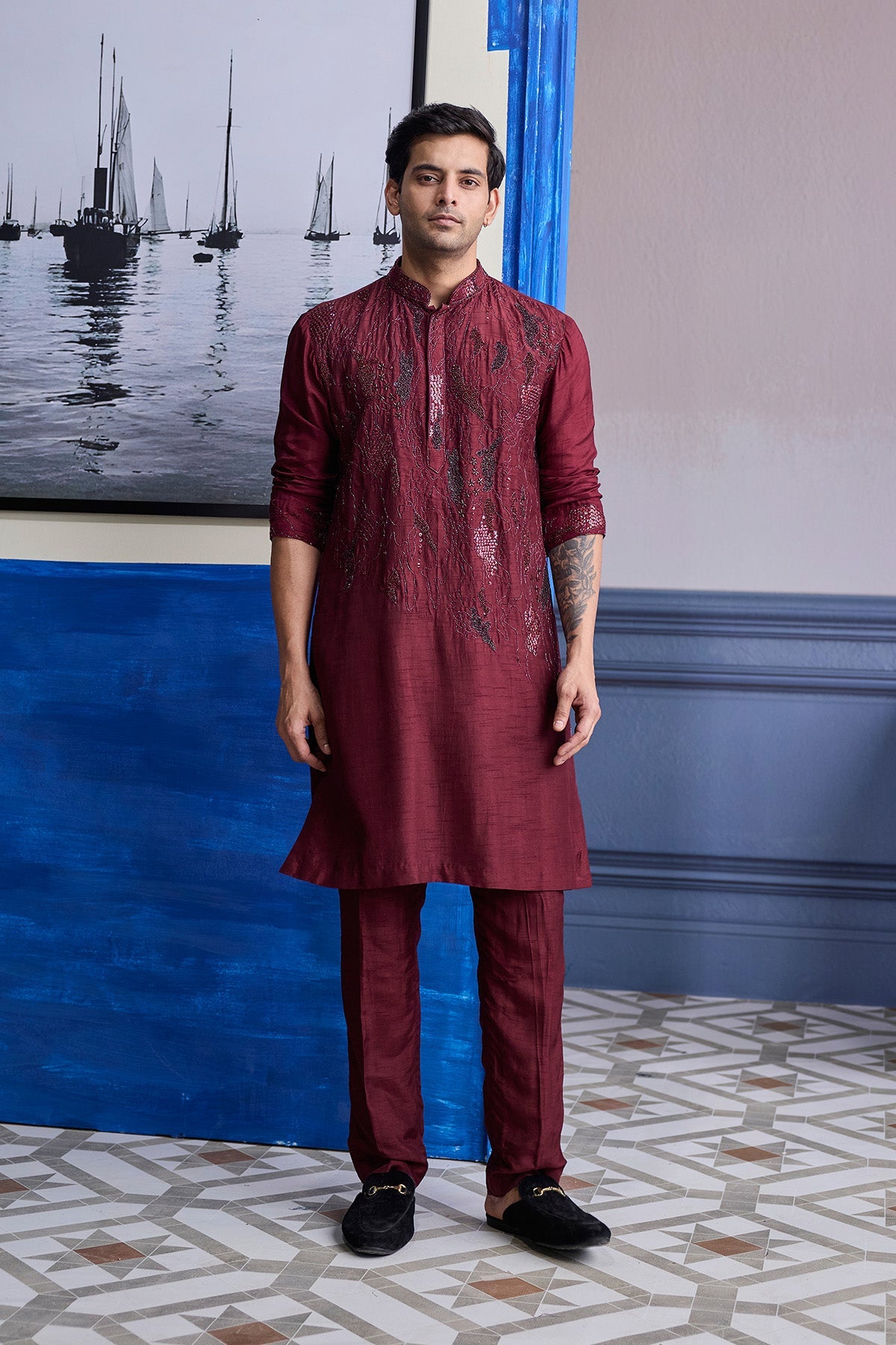 Maroon Abstract Embroidered Kurta Paired With Pants