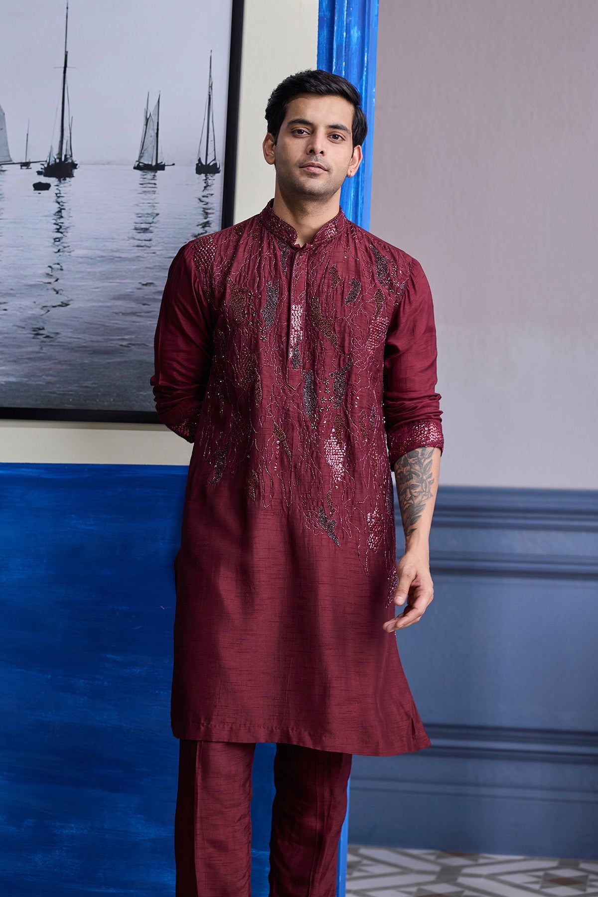 Maroon Abstract Embroidered Kurta Paired With Pants