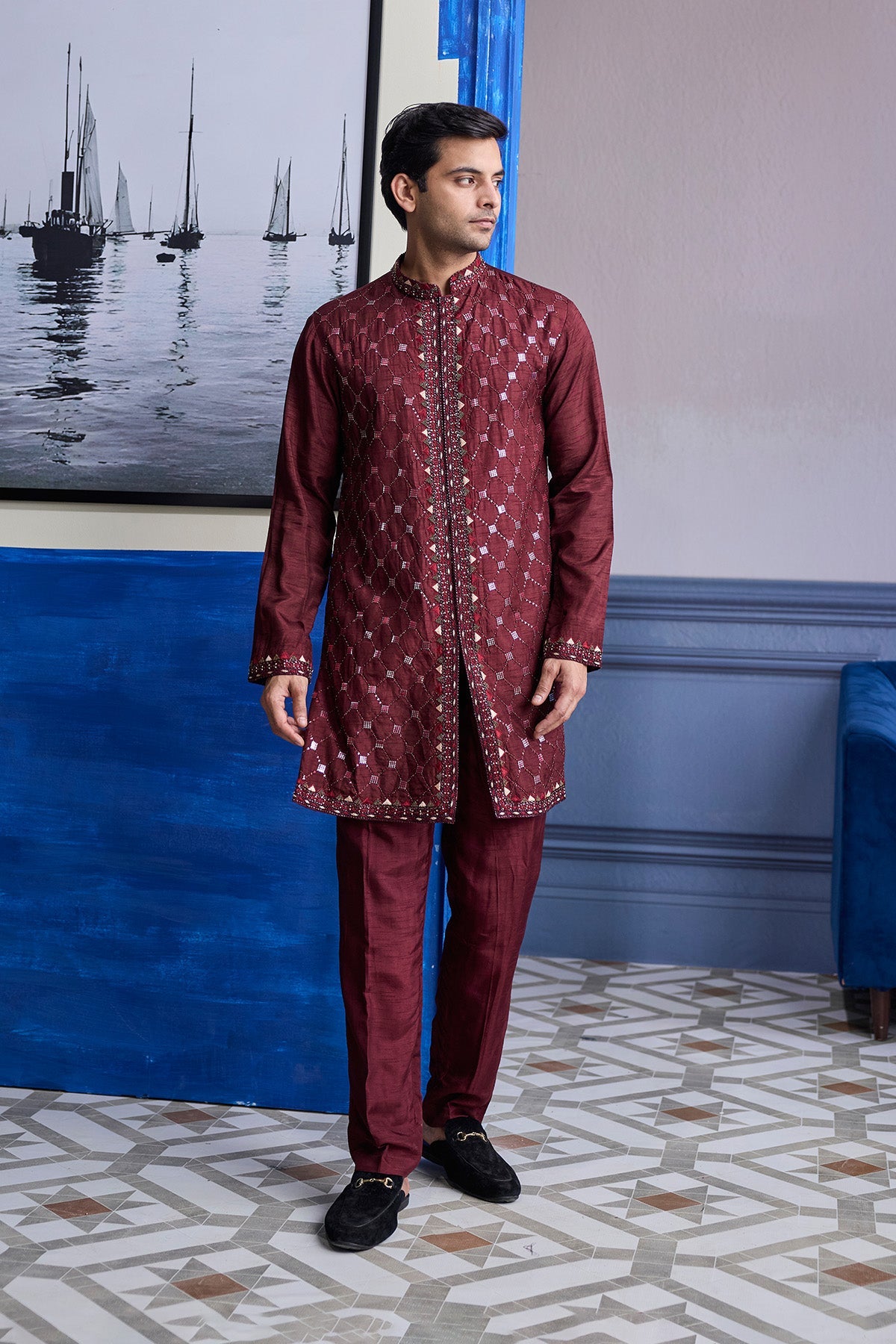 Maroon Mirror Embroidered Kurta Paired With Pants