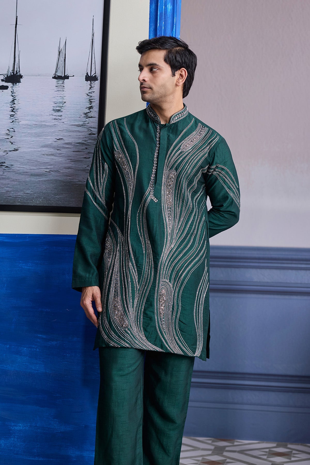 Dark Green Zari Embroidered Waves Kurta With Solid Pants