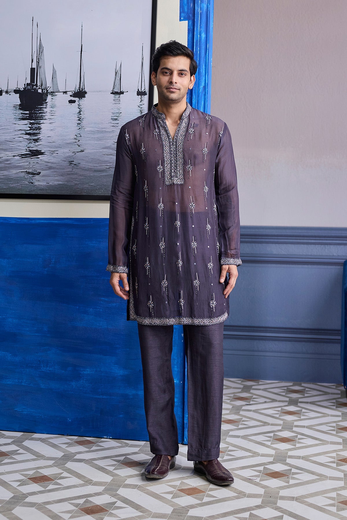 Charcol Grey Sheer Embroidered Kurta With Pants
