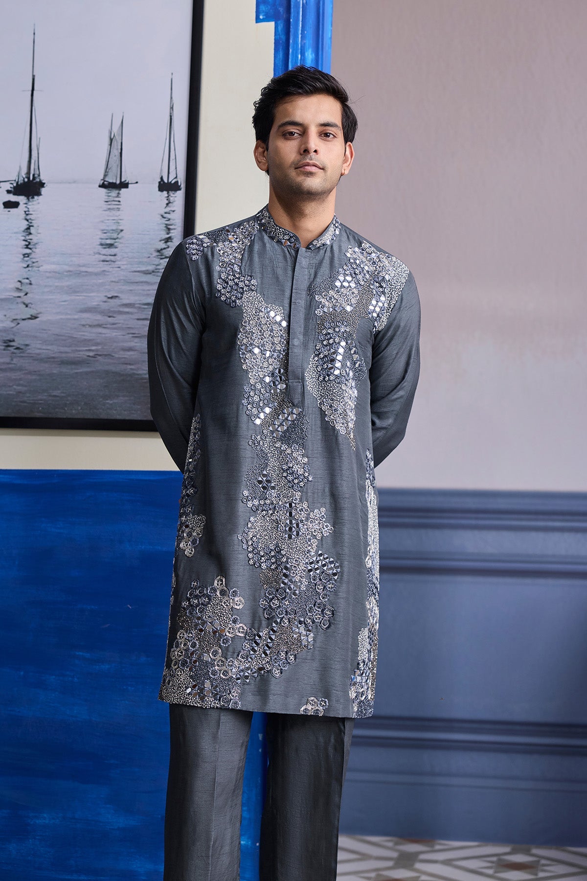 Steel Grey Embroidered Kurta With Pants