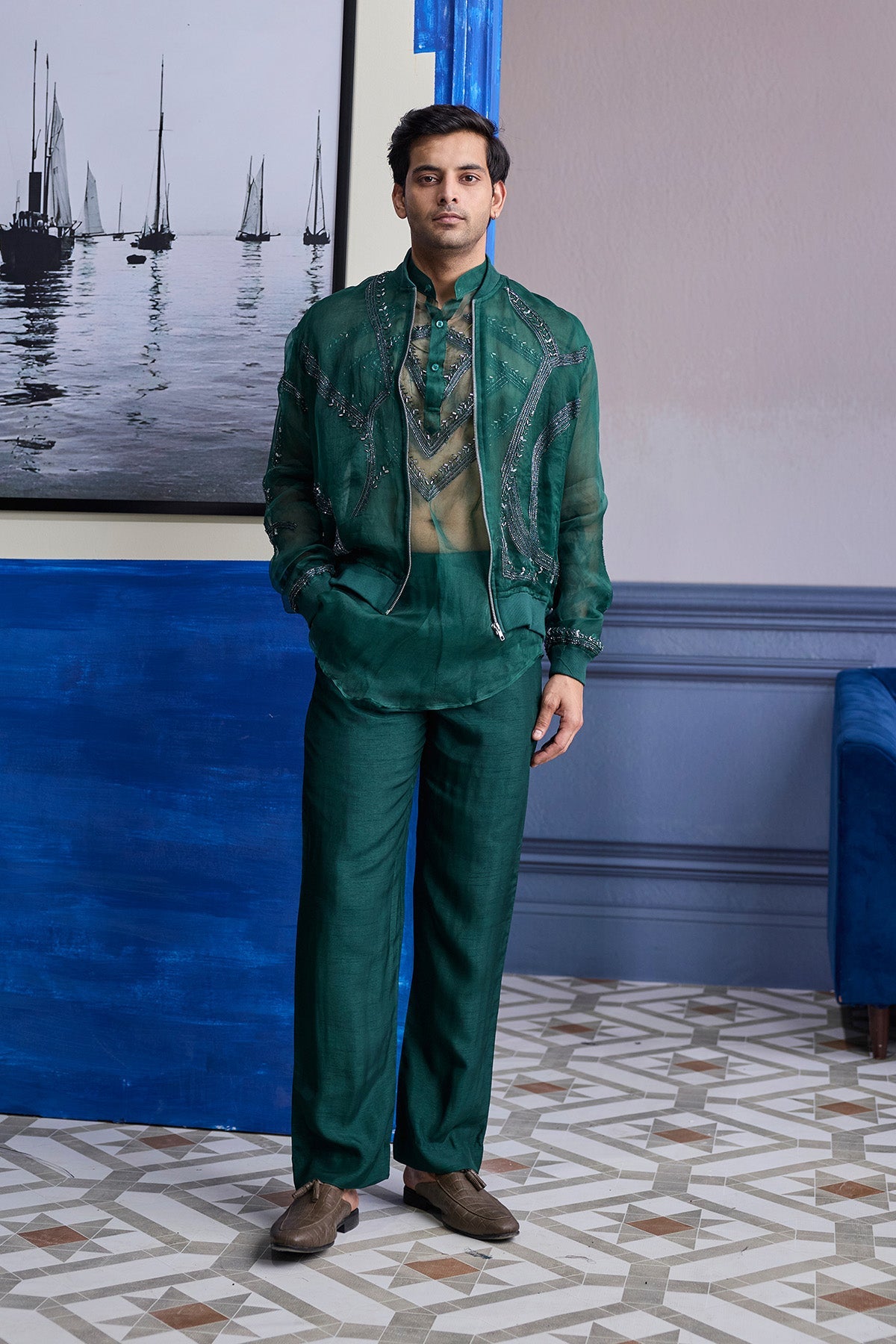 Drak Green Organza Kurta With Embroidered Organza Bomber Jacket Paired With Solid Pants