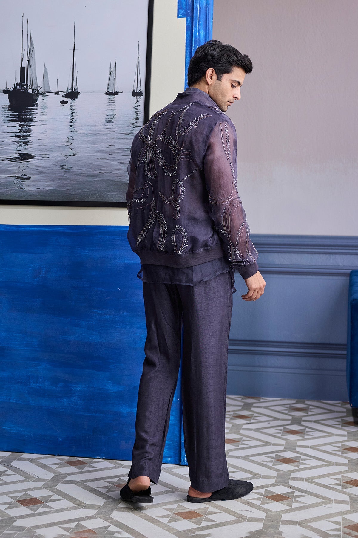 Charcol Grey Organza Shirt With Embroidered Organza Bomber Jacket Paired With Solid Pants