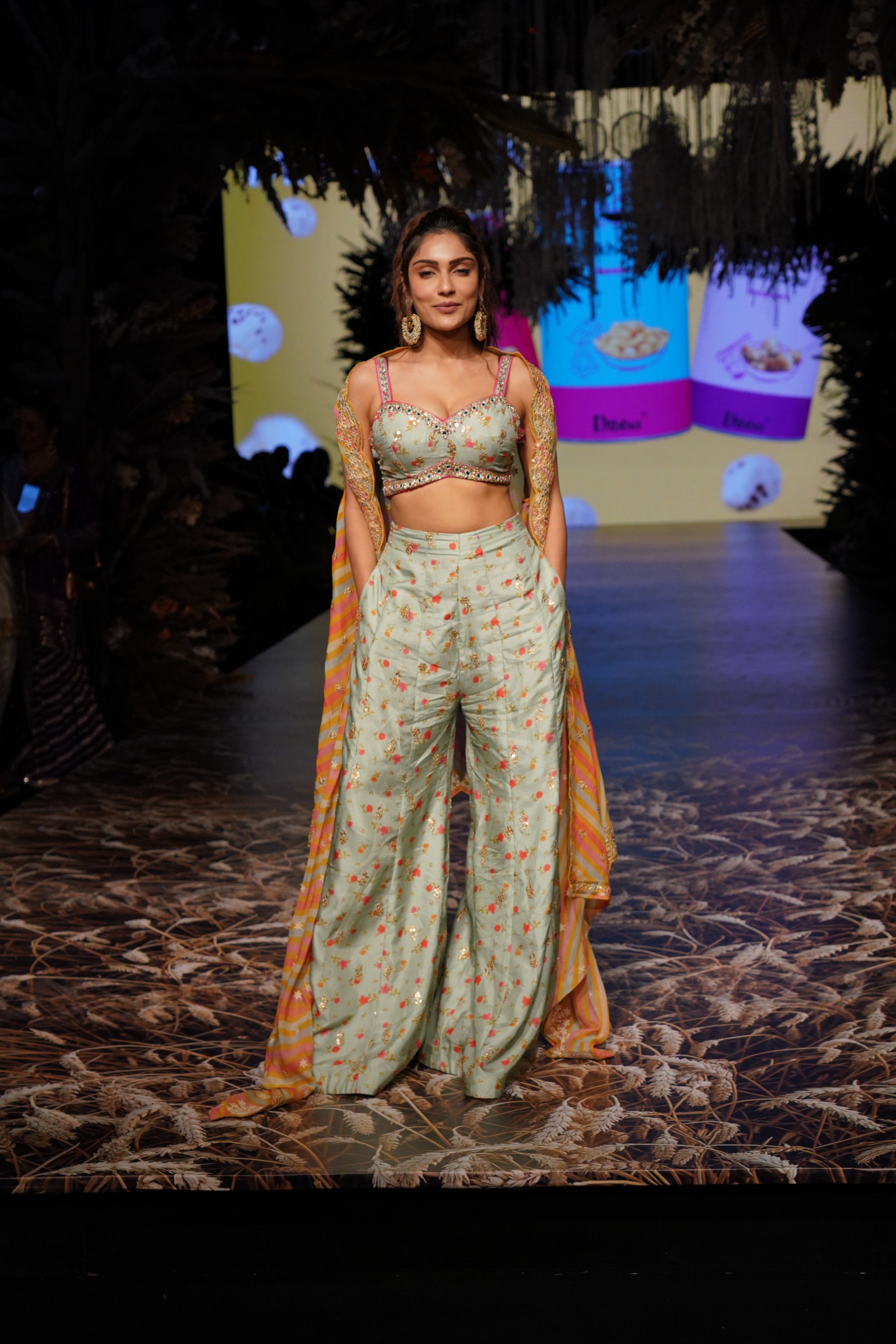 Rashida Panel Pant With Cape -Ishita Raj