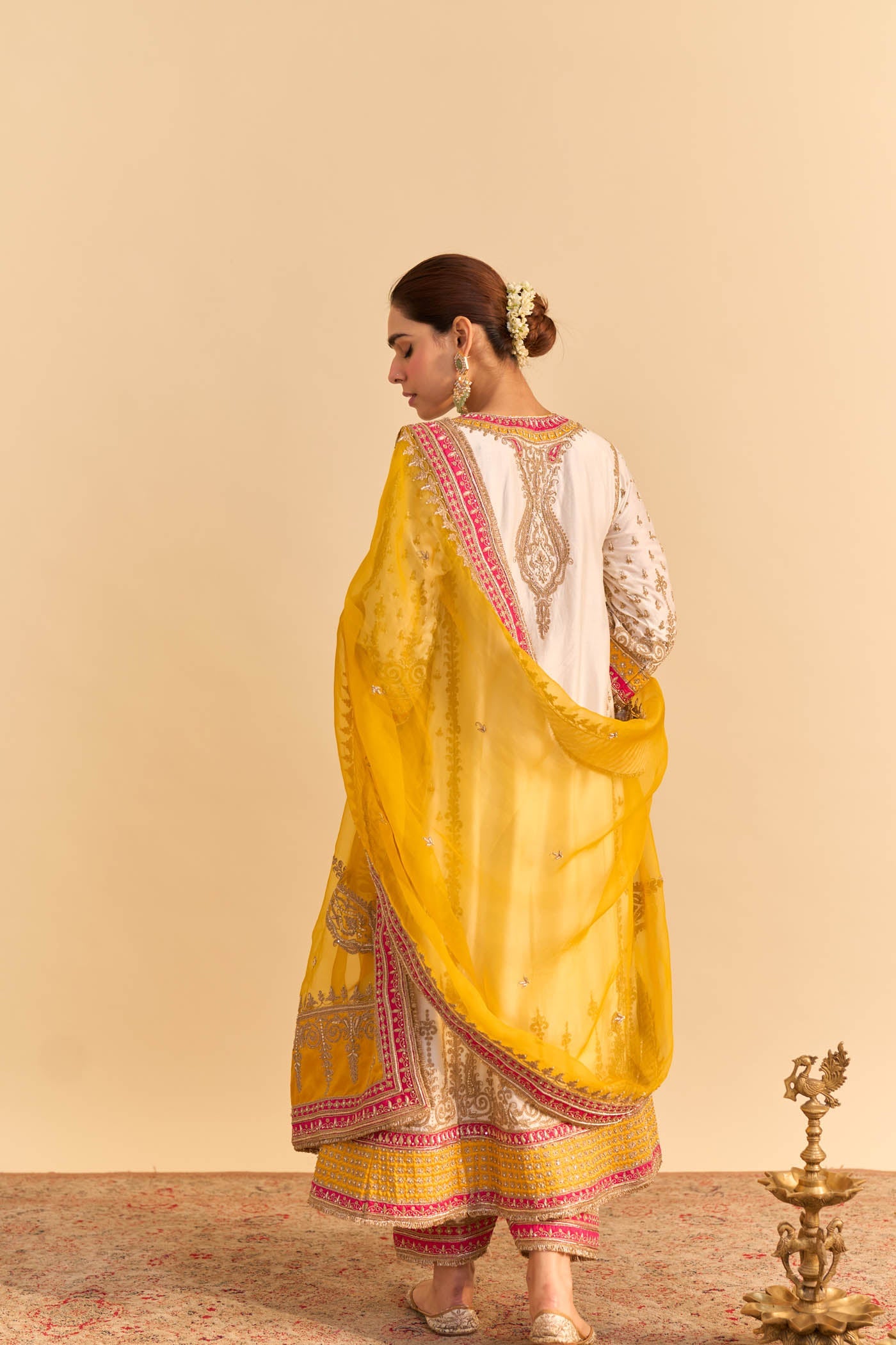 Zoya - Dabka Zardozi Embroidered Rich Banarasi Kalidaar Daisy Ivory Long Chauga Set