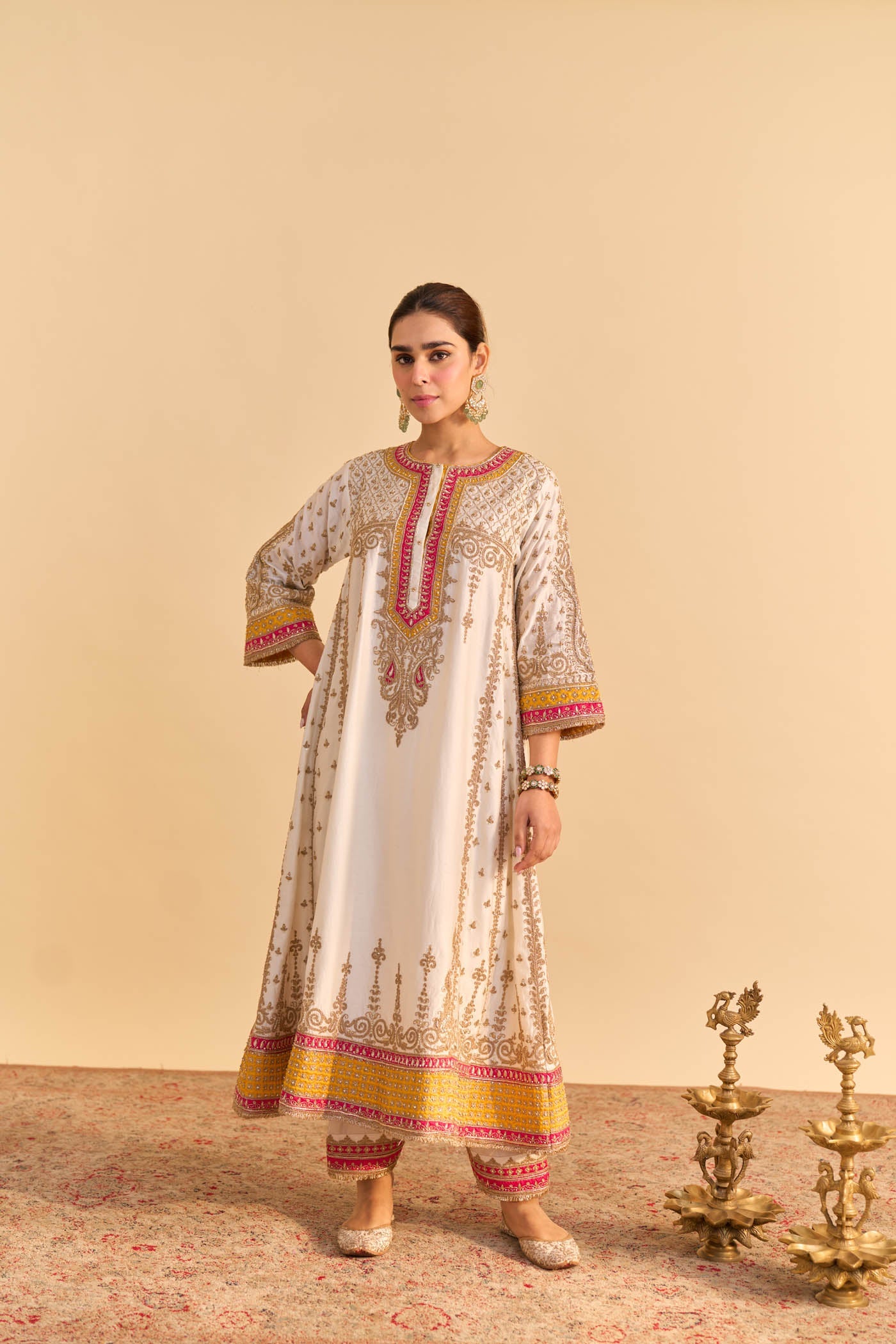 Zoya - Dabka Zardozi Embroidered Rich Banarasi Kalidaar Daisy Ivory Long Chauga Set