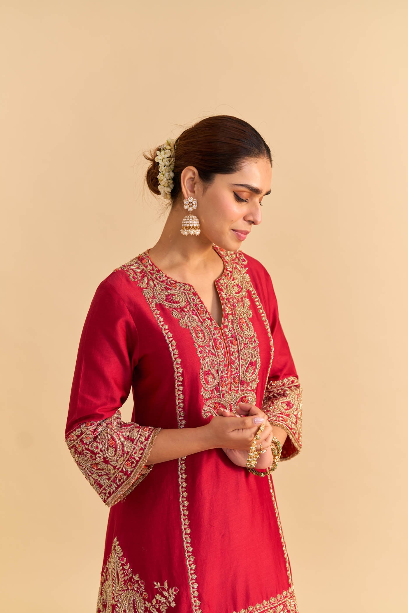 Dua Deep red Dabka Zardozi Embroidered Short kurta Set