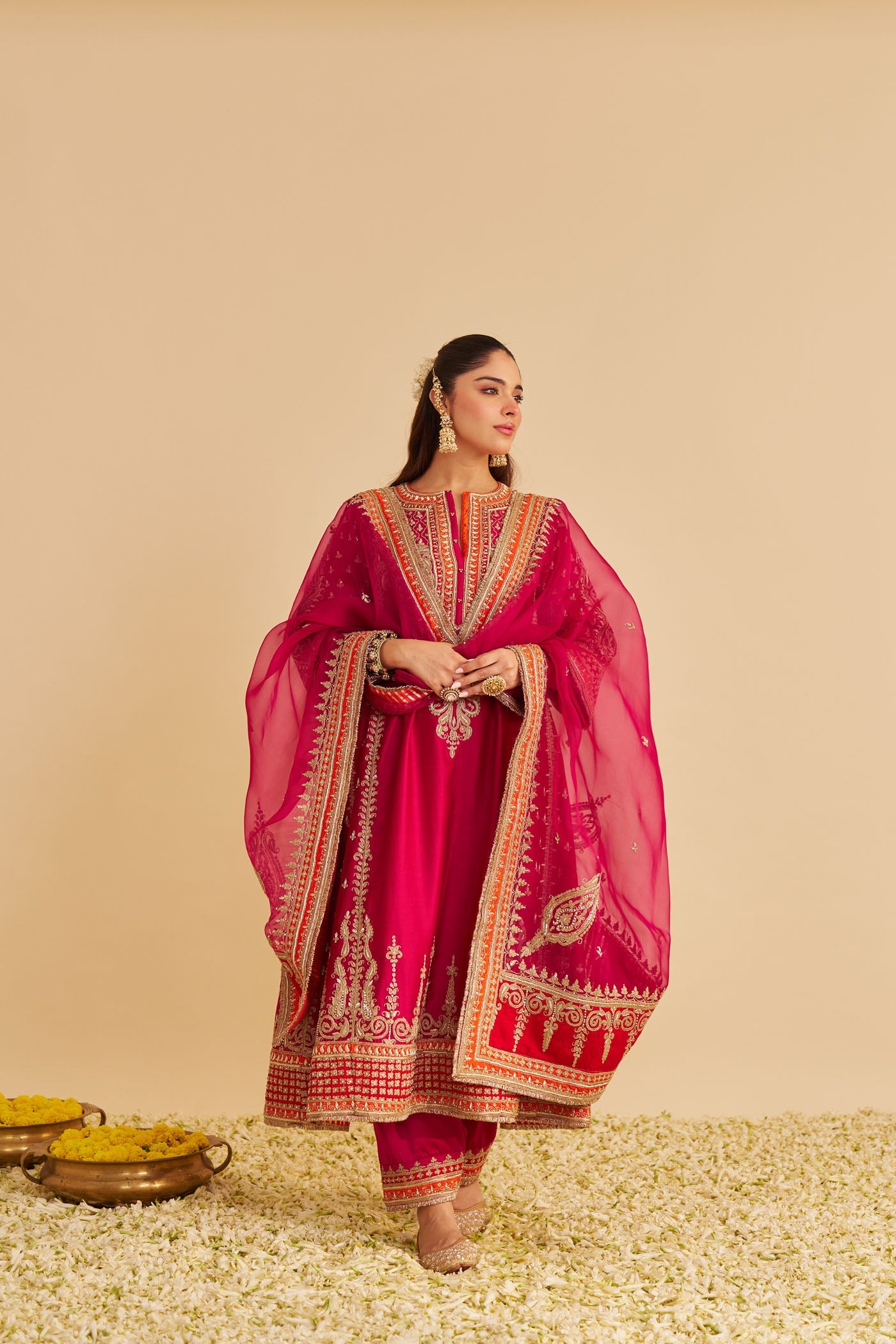 Nargis  - Dabka Zardozi Embroidered Rich Banarasi Kalidaar Hotpink Long Chauga Set